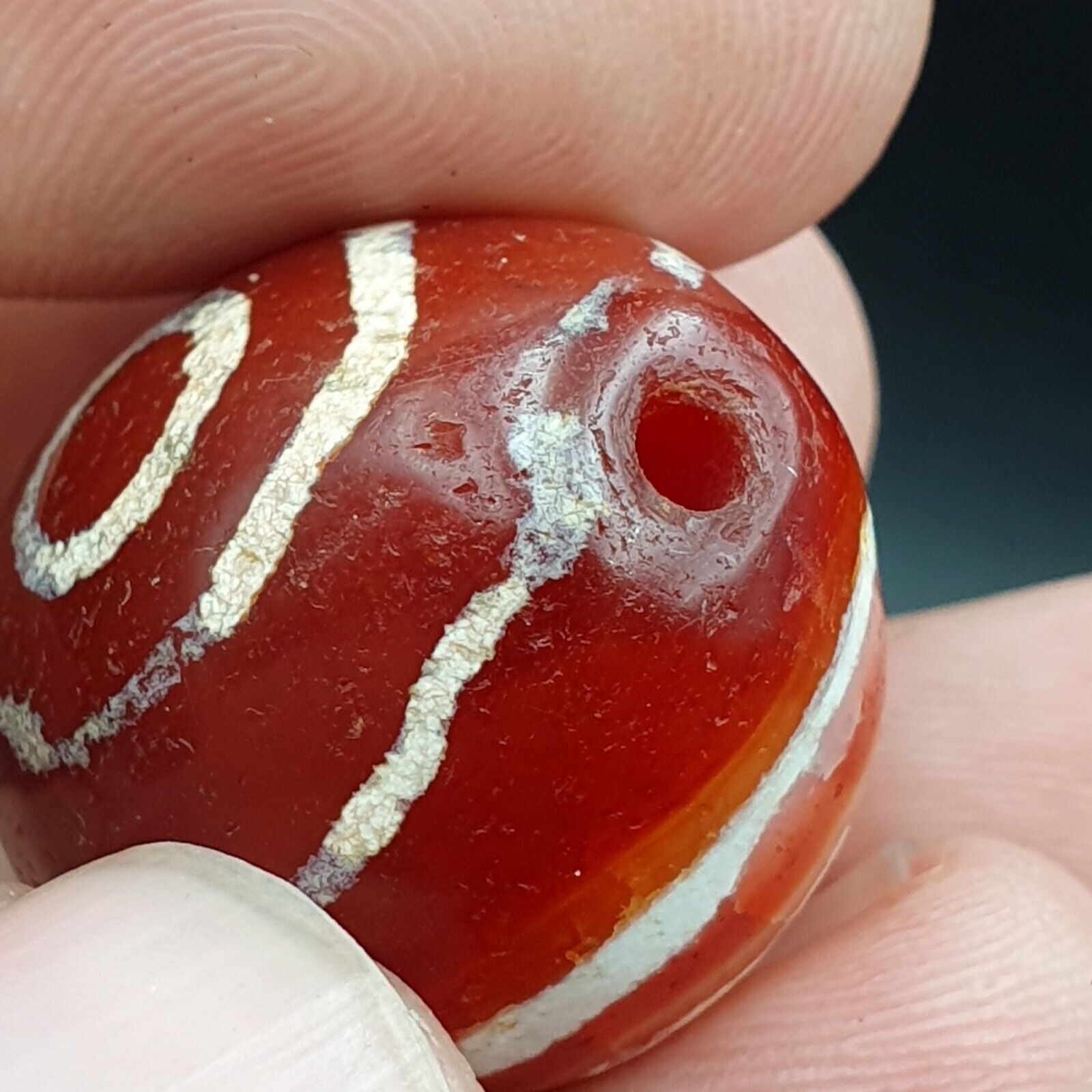 Antique Tibetan Nepalese RED Etched Agate Bead Decorated Carnelian Beads ETA-1