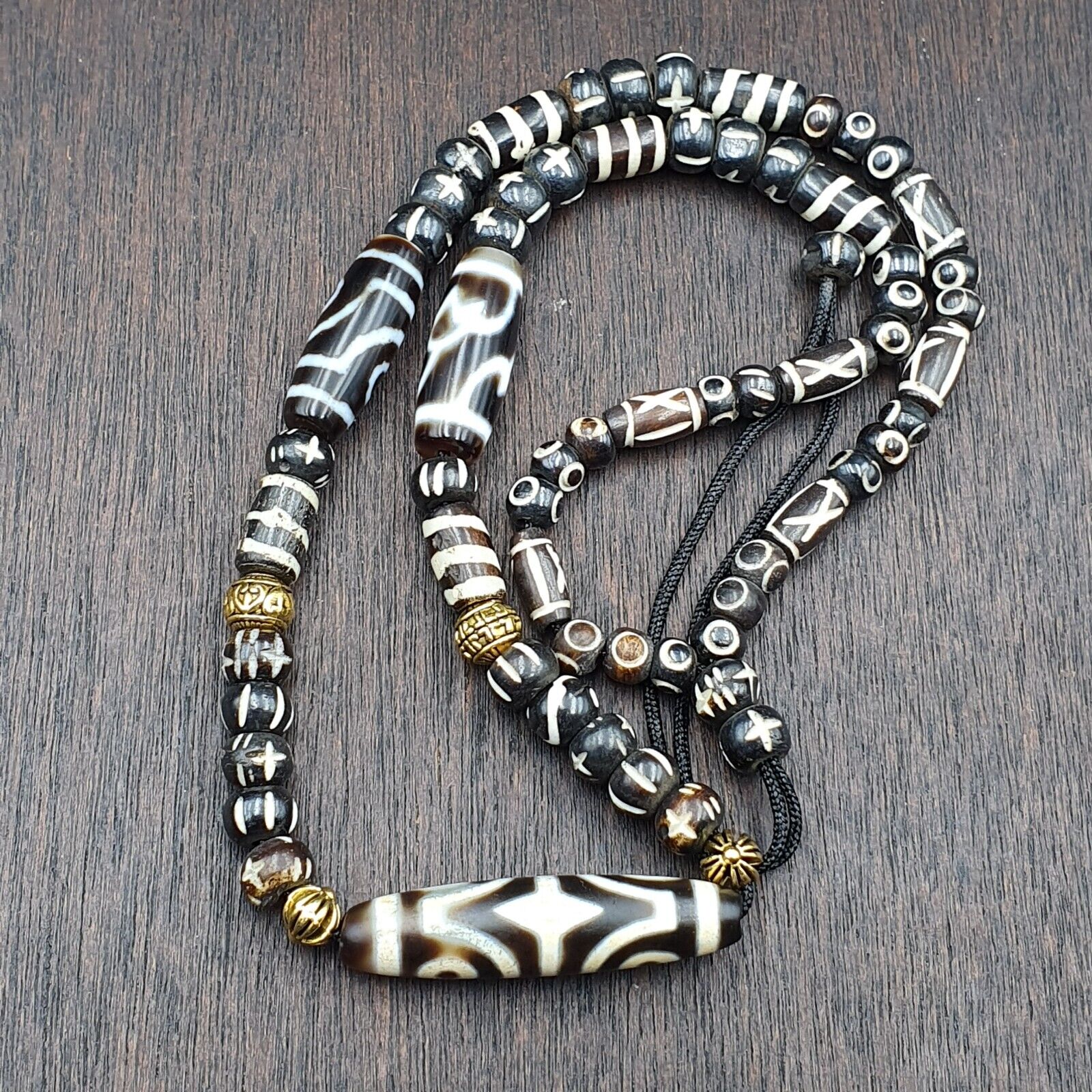 Vintage Antique Agate 3 eye bead Tibet Himalayan Dzi pendant Necklace