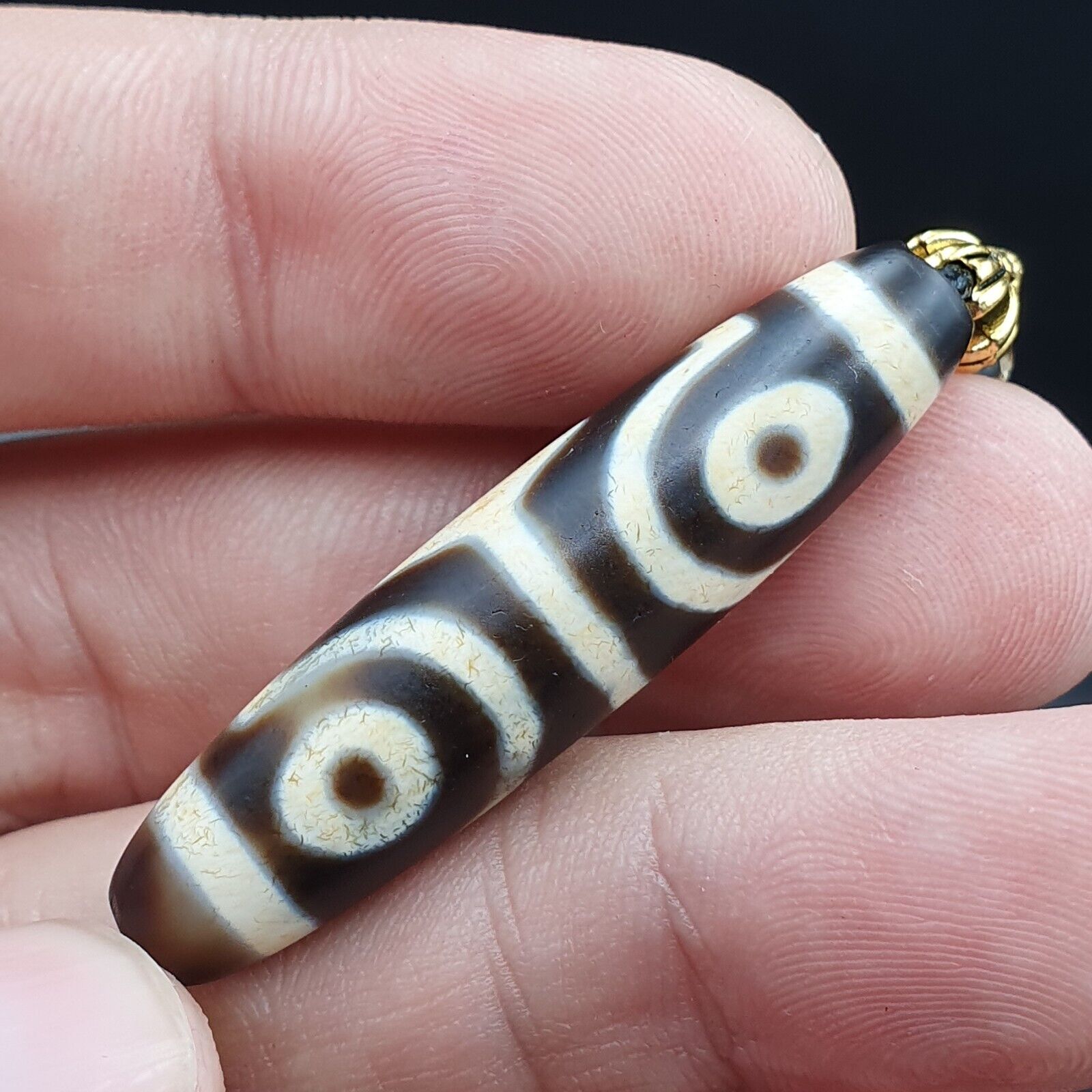 Vintage Antique Agate 3 eye bead Tibet Himalayan Dzi pendant Necklace