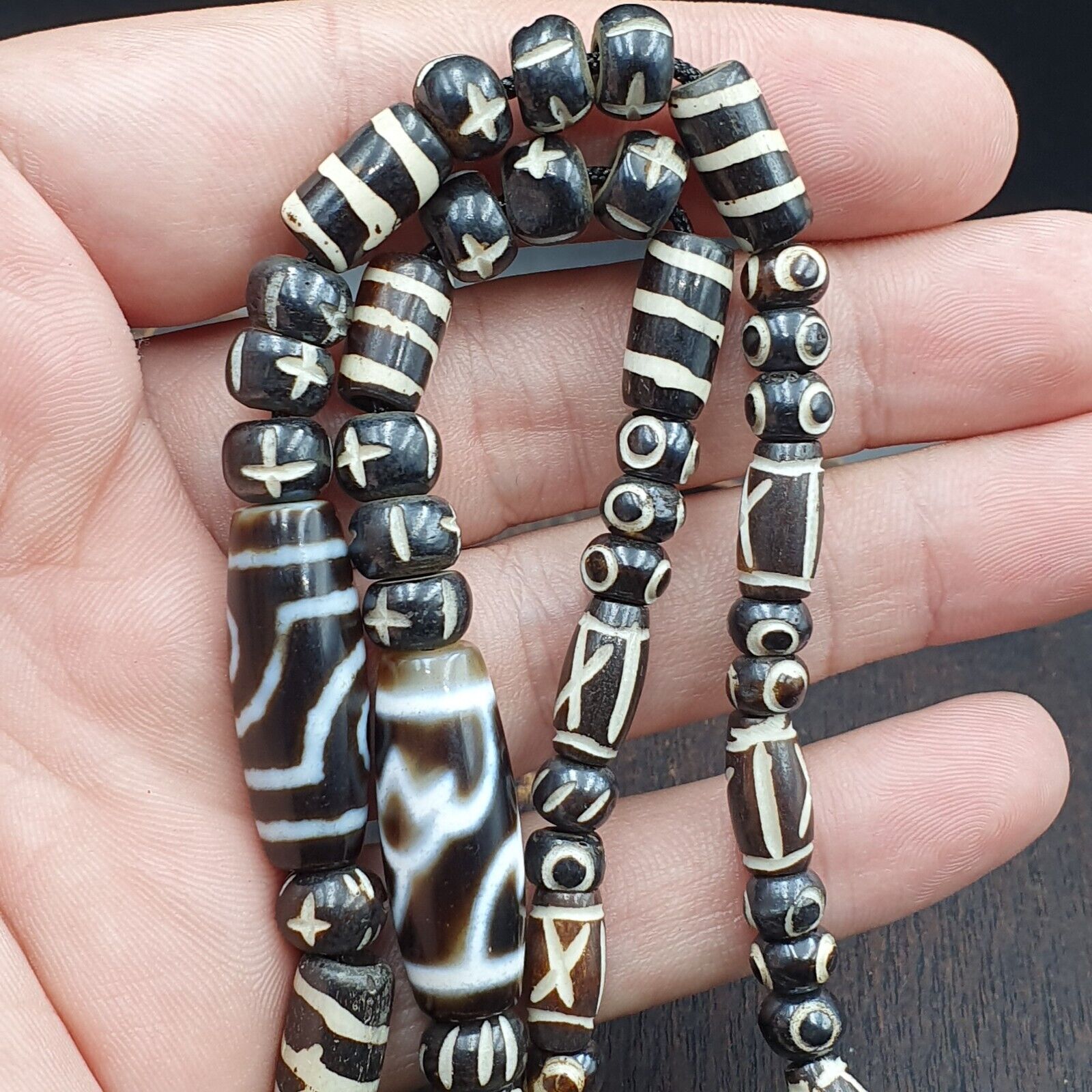 Vintage Antique Agate 3 eye bead Tibet Himalayan Dzi pendant Necklace