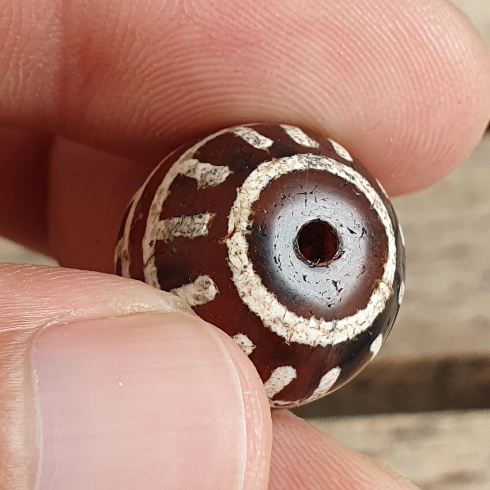 ETA-5 Antique Tibetan Etched Agate Bead Decorated Carnelian Beads