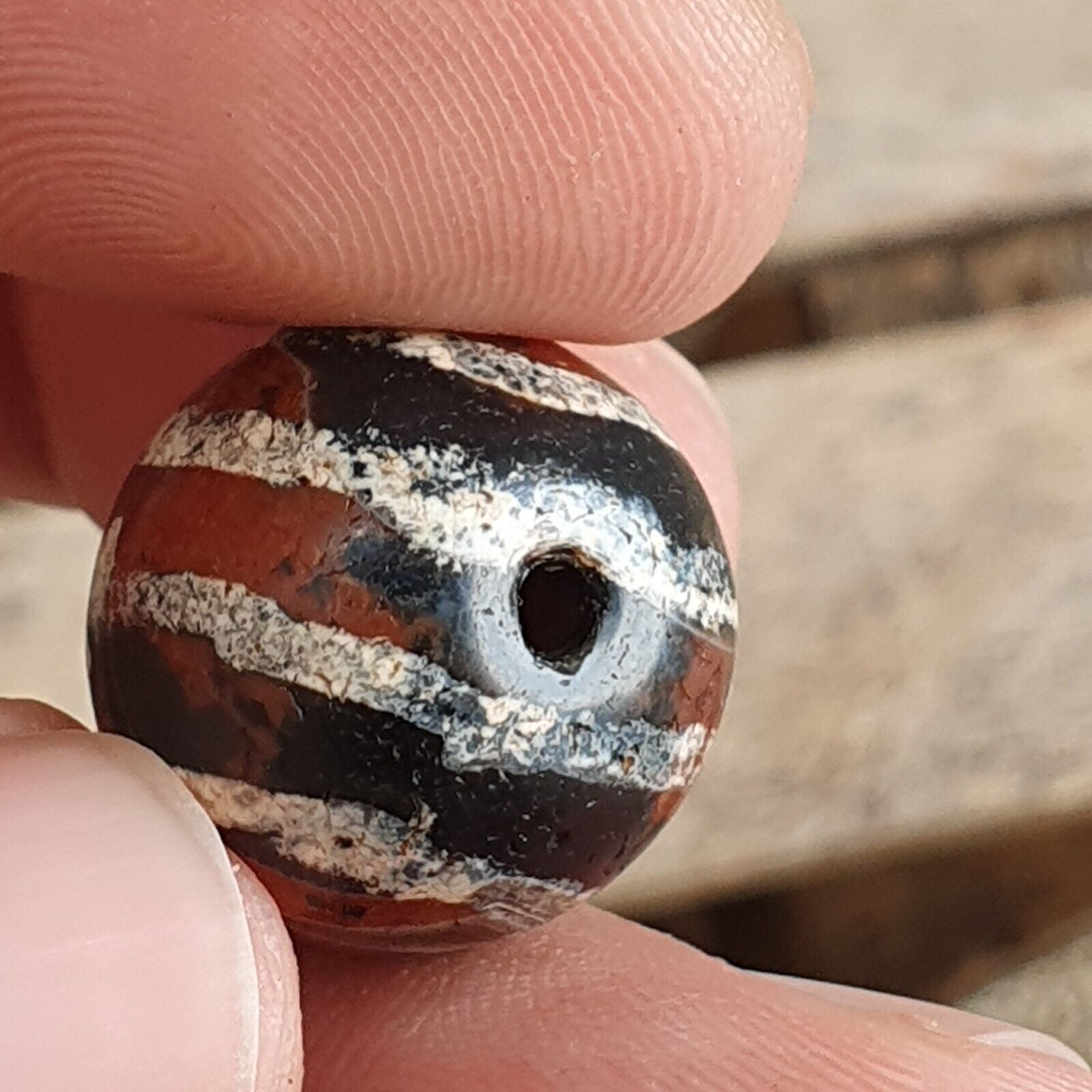 ETA-6 Antique Tibetan Etched Agate Bead Decorated Carnelian Beads