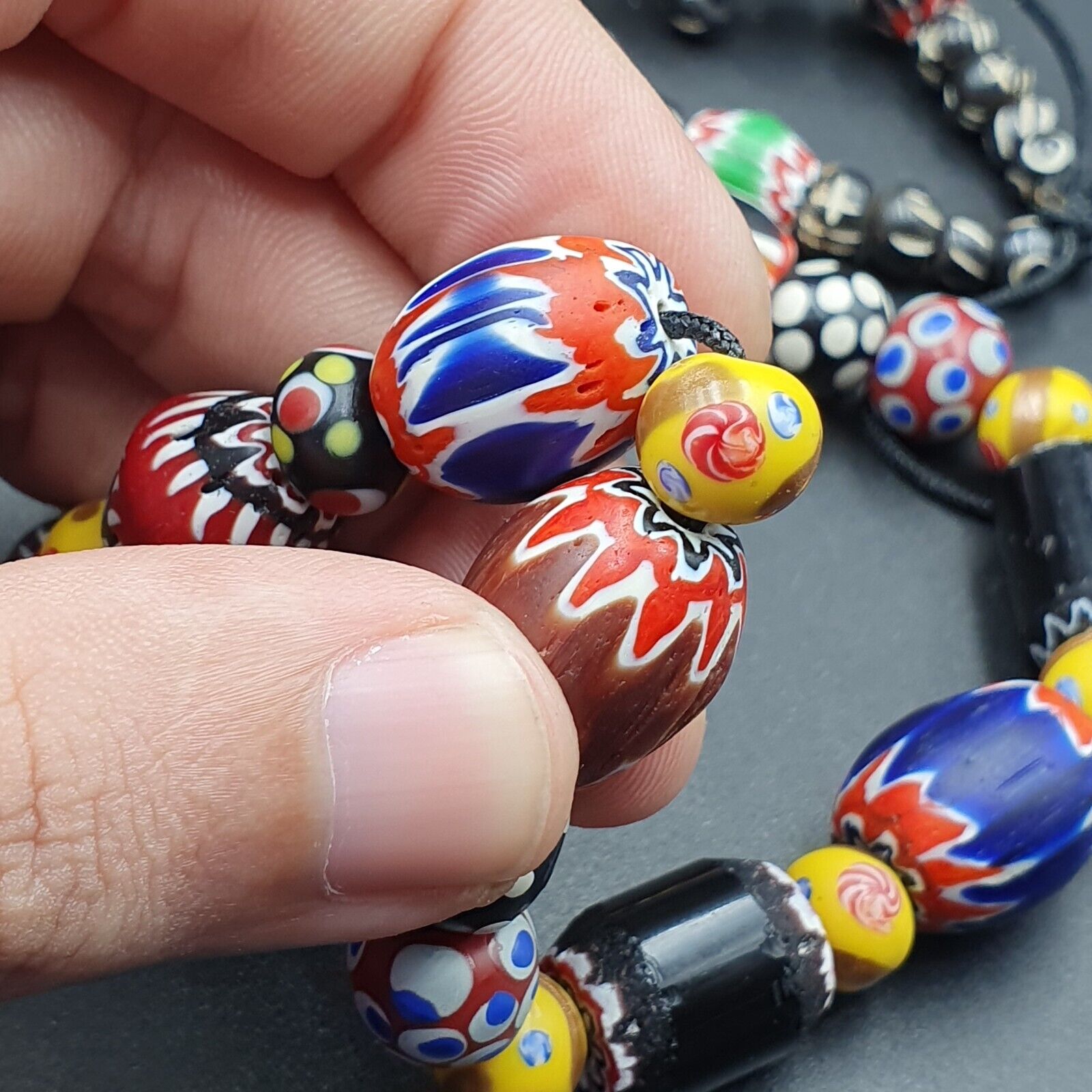 Vintage Venetian Style beads Old Chevrons and Skunk Beads Necklace