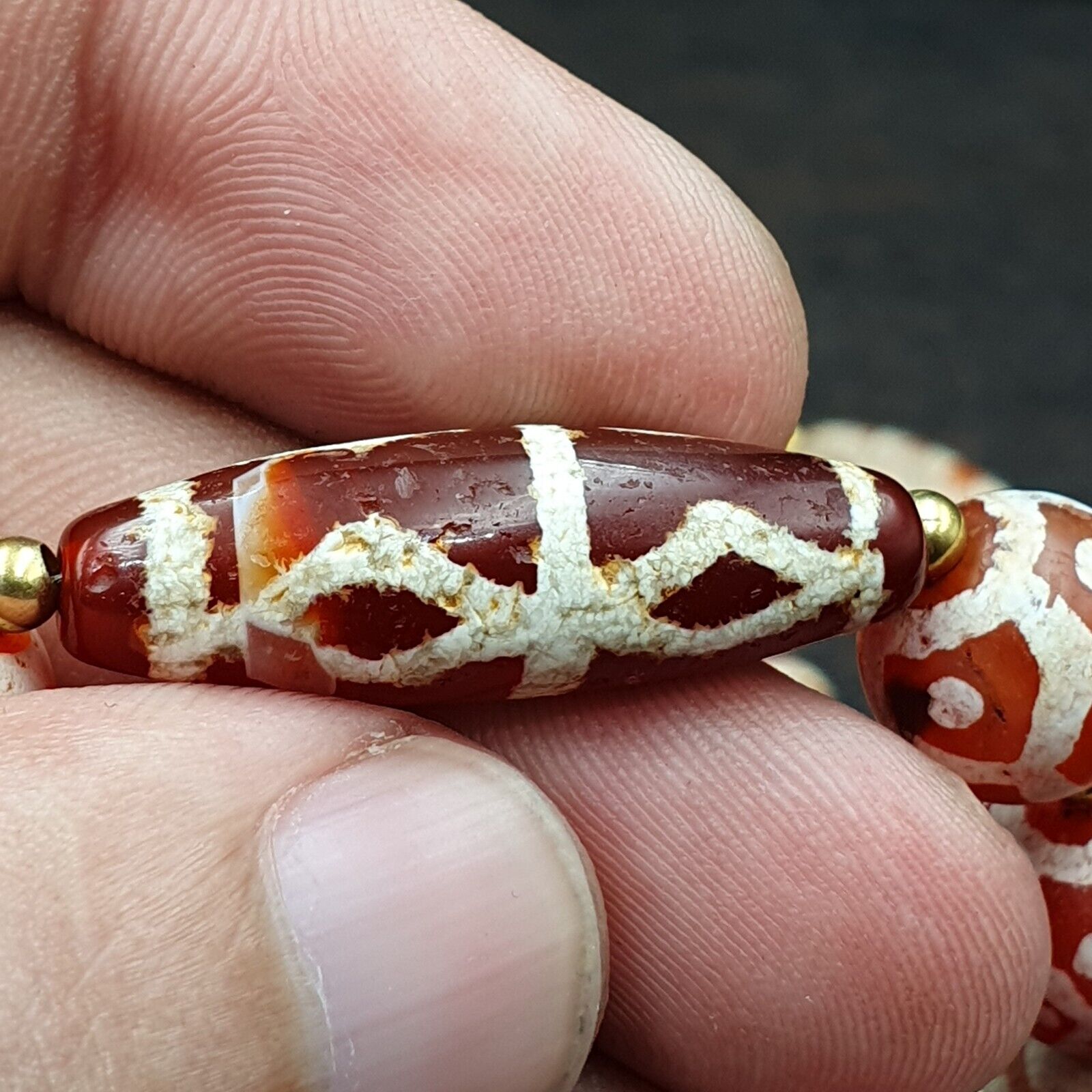 Antique HIMALAYAN Indo Tibetan Central Asian Etched Agate beads Necklace 6ED-A-