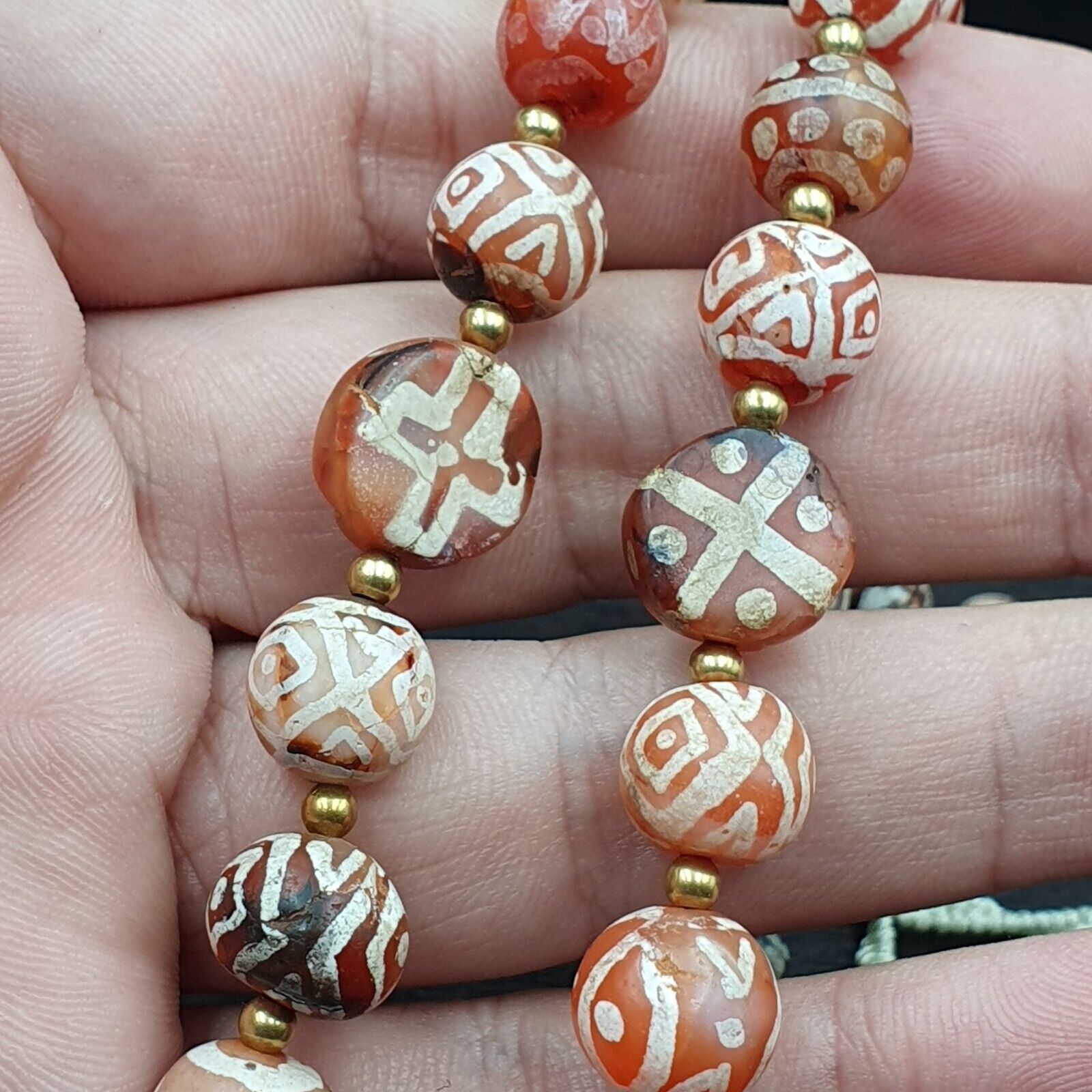Antique HIMALAYAN Indo Tibetan Central Asian Etched Agate beads Necklace 6ED-A-