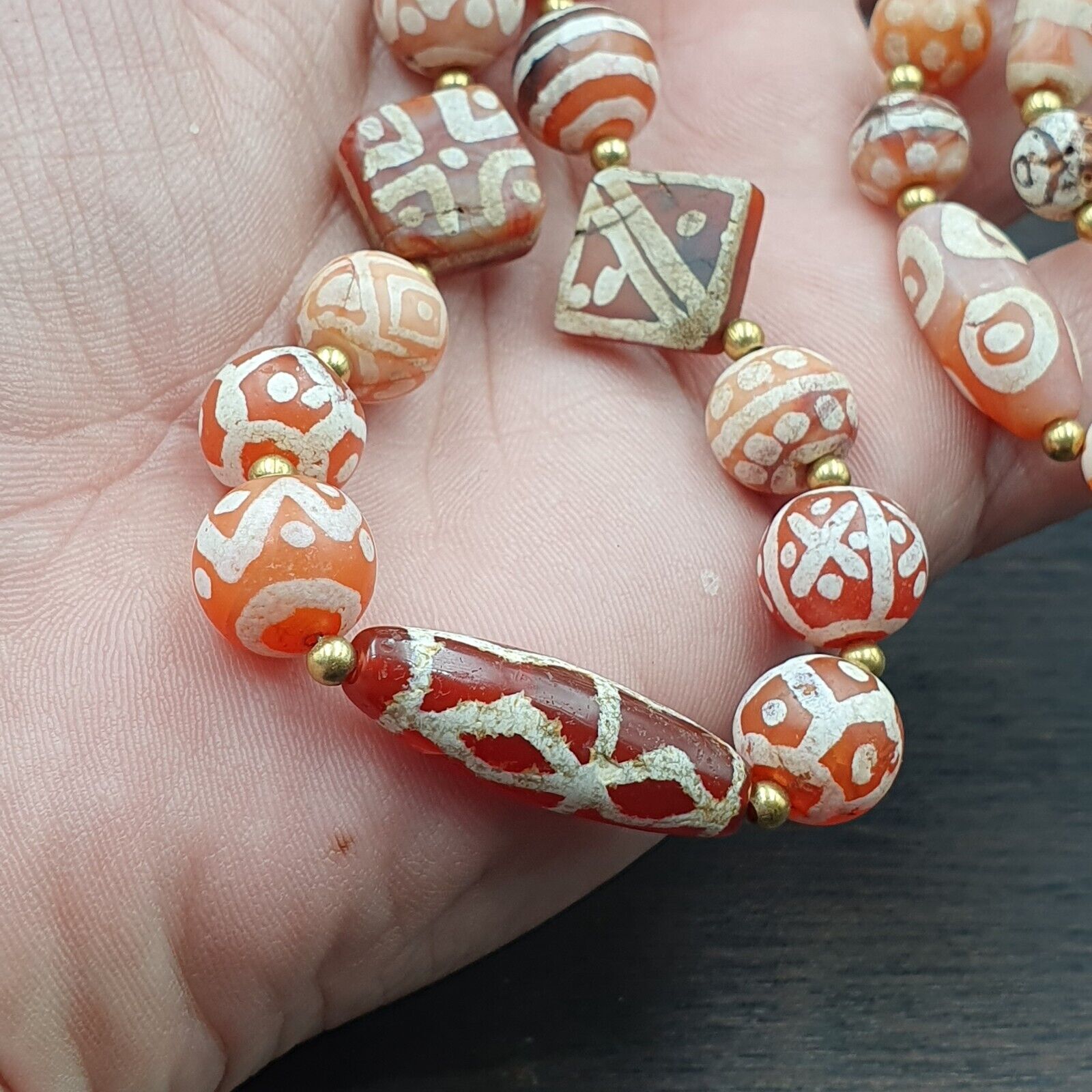 Antique HIMALAYAN Indo Tibetan Central Asian Etched Agate beads Necklace 6ED-A-