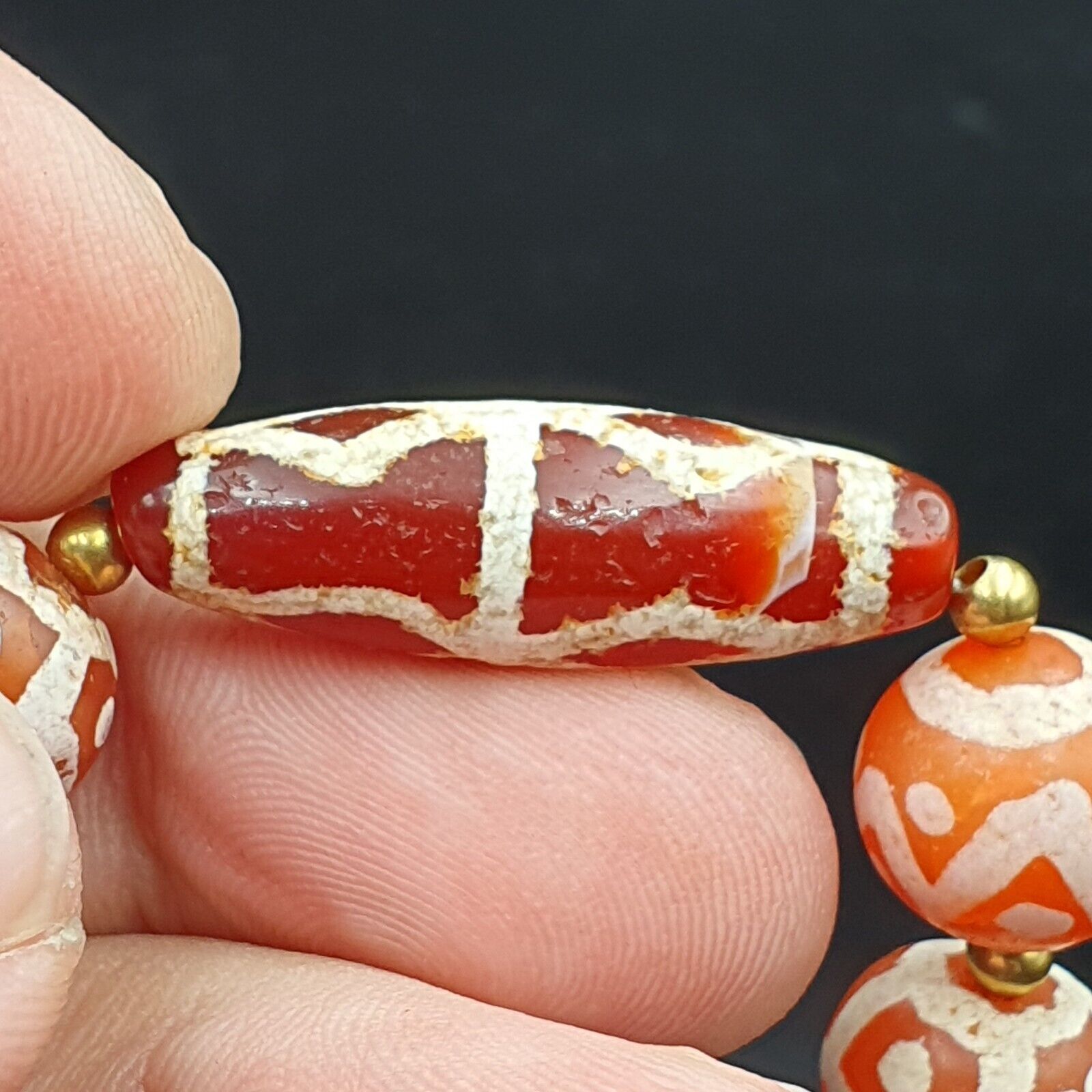 Antique HIMALAYAN Indo Tibetan Central Asian Etched Agate beads Necklace 6ED-A-