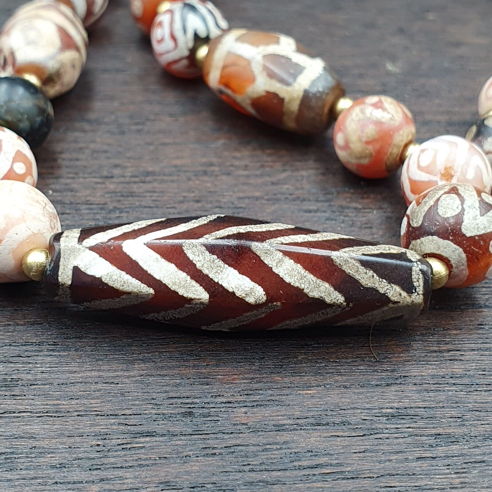 Antique HIMALAYAN Indo Tibetan Central Asian Etched Agate beads Necklace 7ED-A-