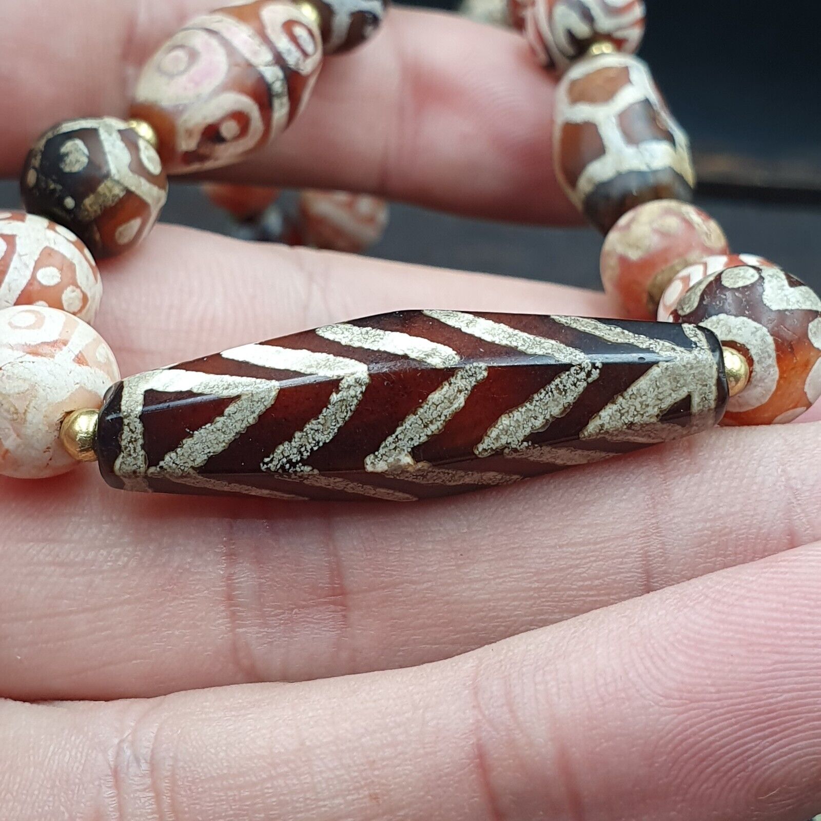 Antique HIMALAYAN Indo Tibetan Central Asian Etched Agate beads Necklace 7ED-A-