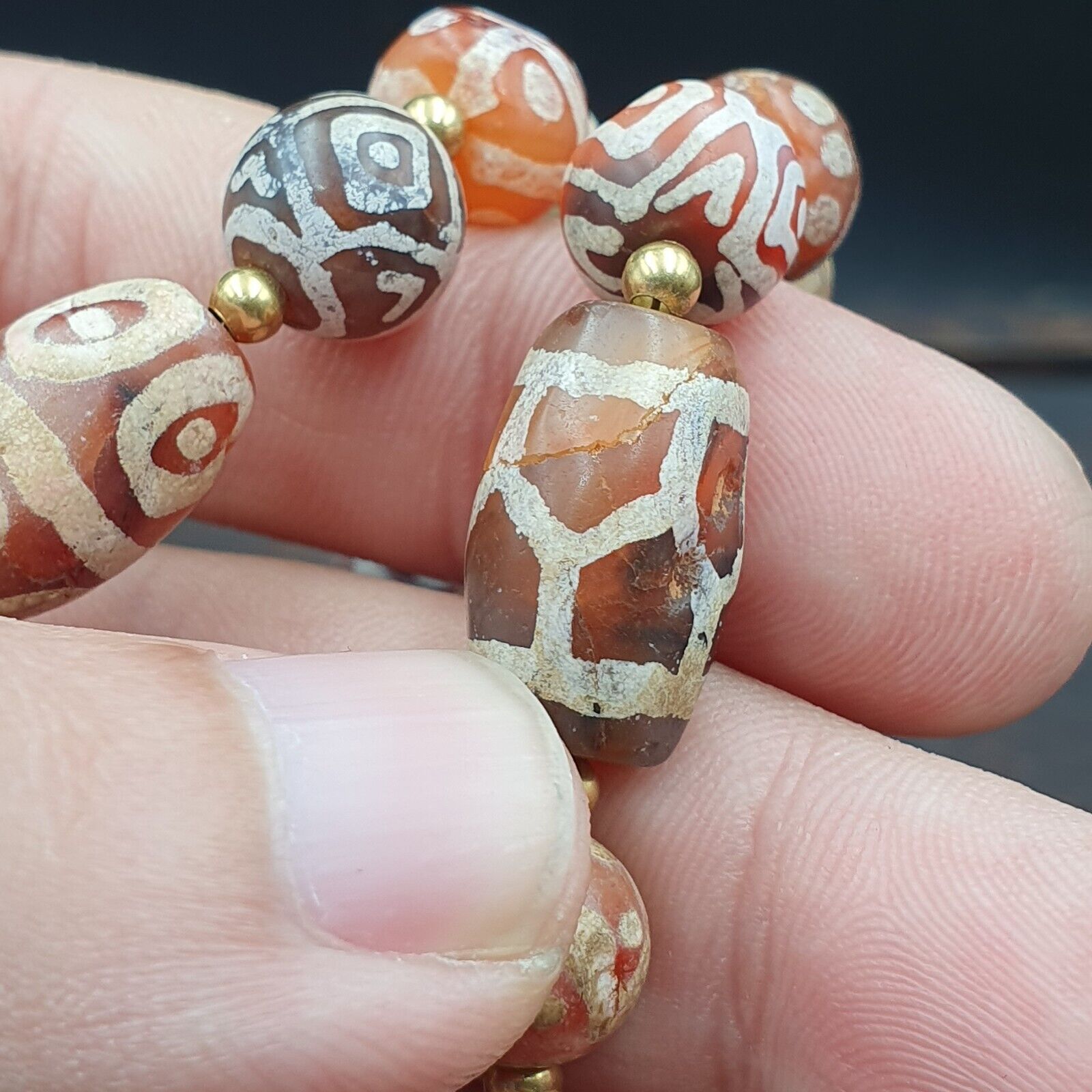 Antique HIMALAYAN Indo Tibetan Central Asian Etched Agate beads Necklace 7ED-A-