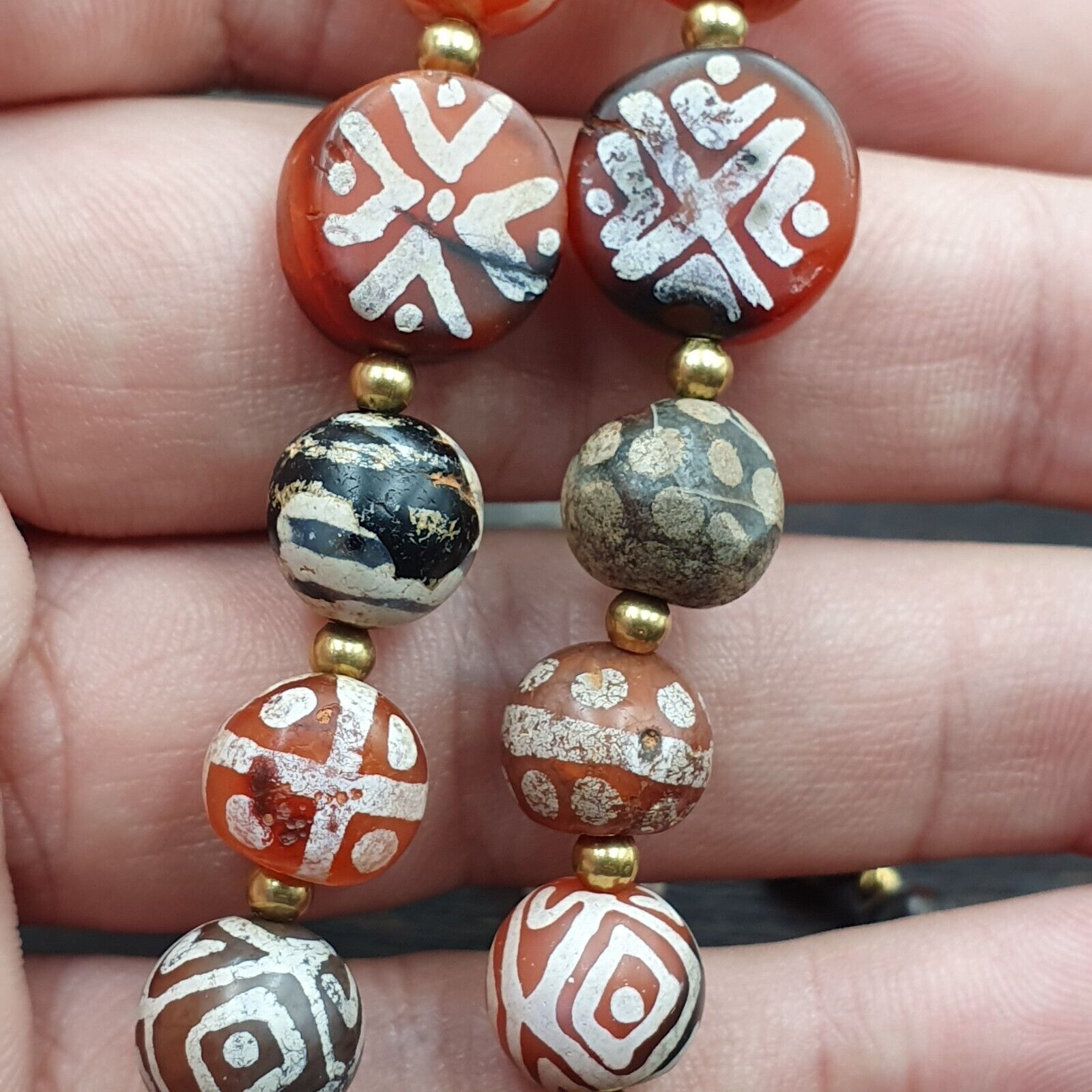 Antique HIMALAYAN Indo Tibetan Central Asian Etched Agate beads Necklace 7ED-A-