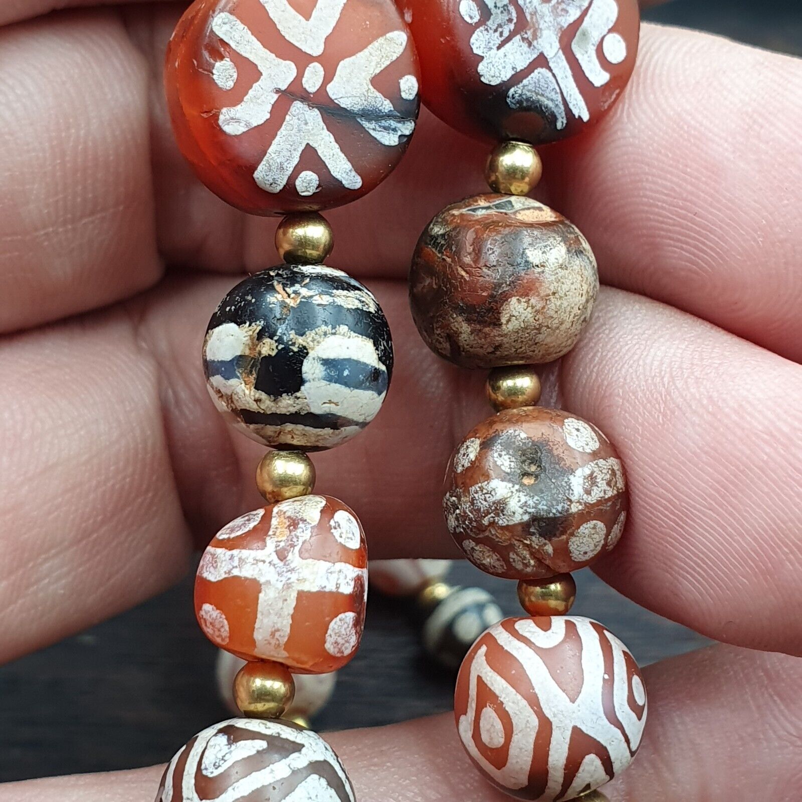 Antique HIMALAYAN Indo Tibetan Central Asian Etched Agate beads Necklace 7ED-A-