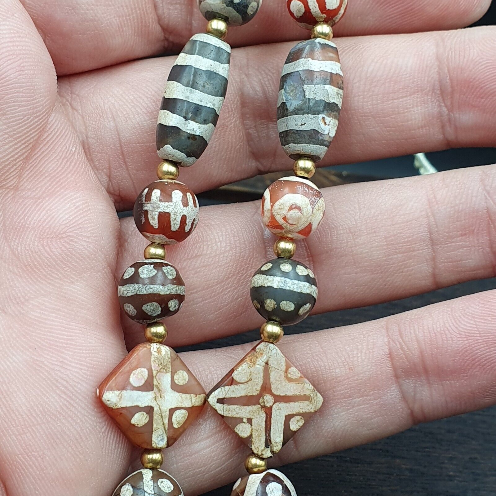Antique HIMALAYAN Indo Tibetan Central Asian Etched Agate beads Necklace 7ED-A-
