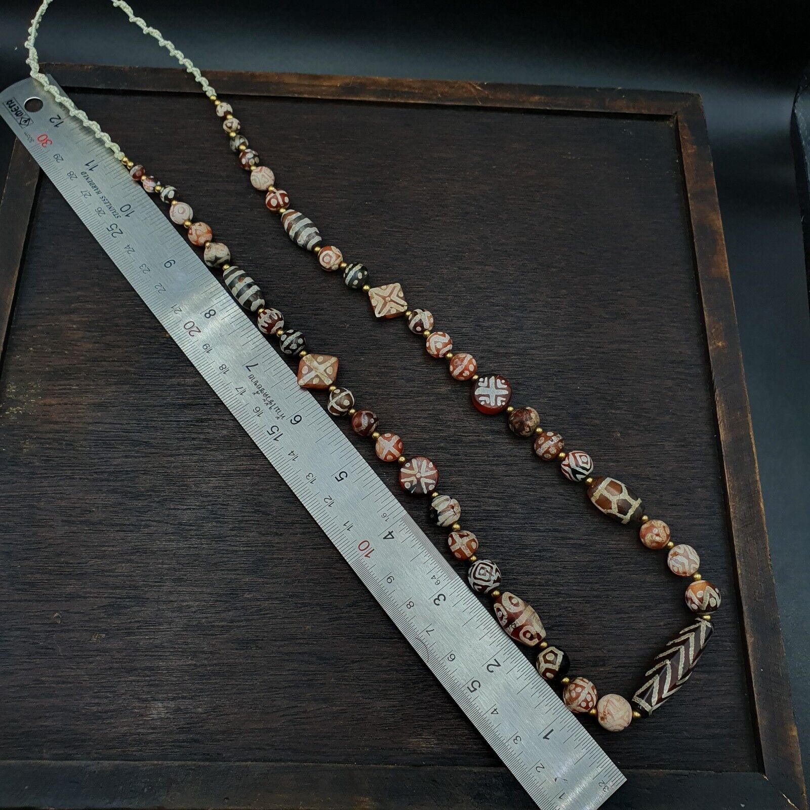 Antique HIMALAYAN Indo Tibetan Central Asian Etched Agate beads Necklace 7ED-A-