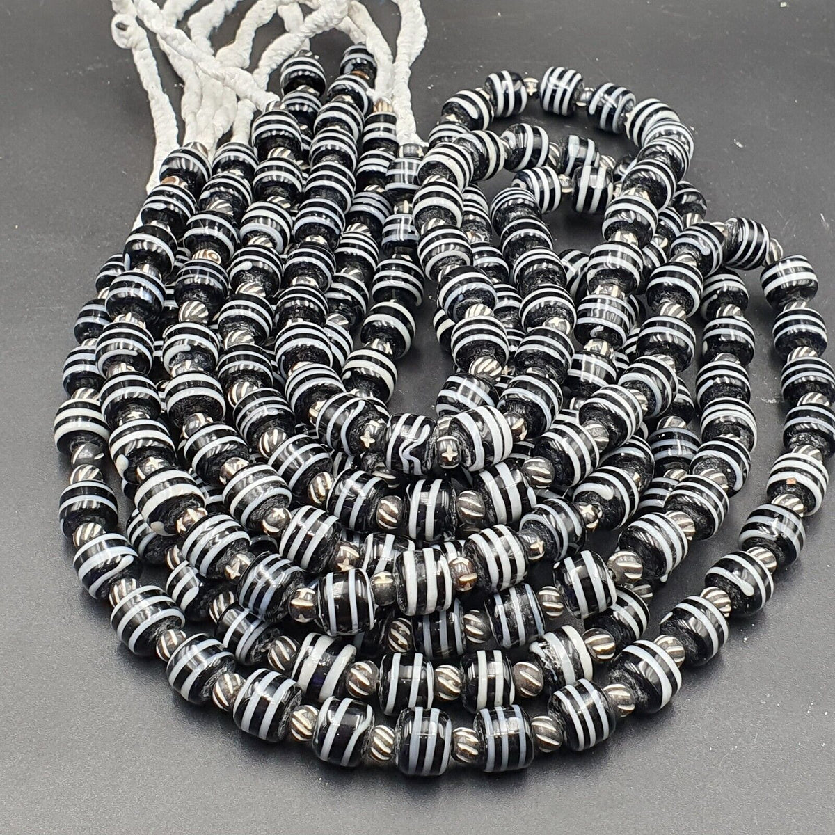 Vintage Black & White Stripes GLASS ANTIQUE style BEADS 11-12MM Necklace Strand