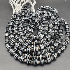 Vintage Black & White Stripes GLASS ANTIQUE style BEADS 11-12MM Necklace Strand