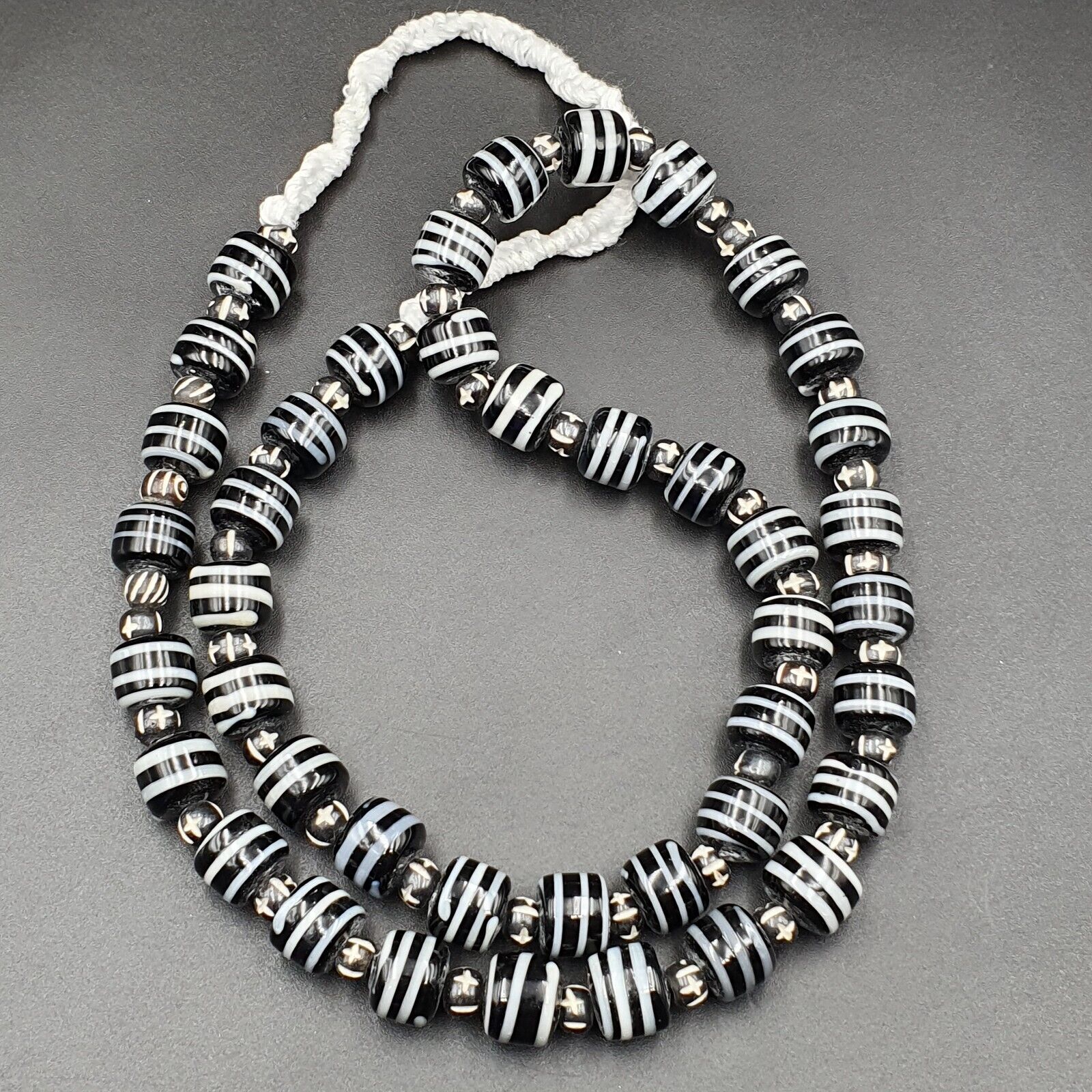 Vintage Black & White Stripes GLASS ANTIQUE style BEADS 11-12MM Necklace Strand