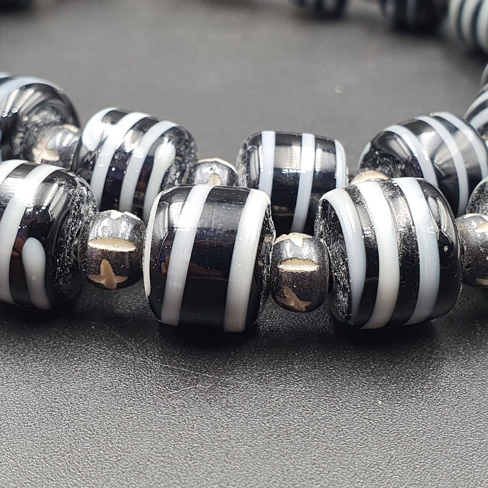 Vintage Black & White Stripes GLASS ANTIQUE style BEADS 11-12MM Necklace Strand