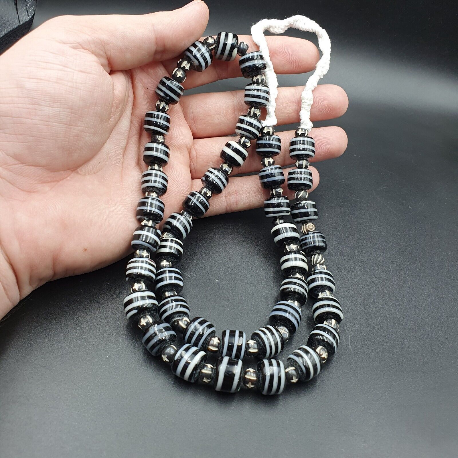 Vintage Black & White Stripes GLASS ANTIQUE style BEADS 11-12MM Necklace Strand