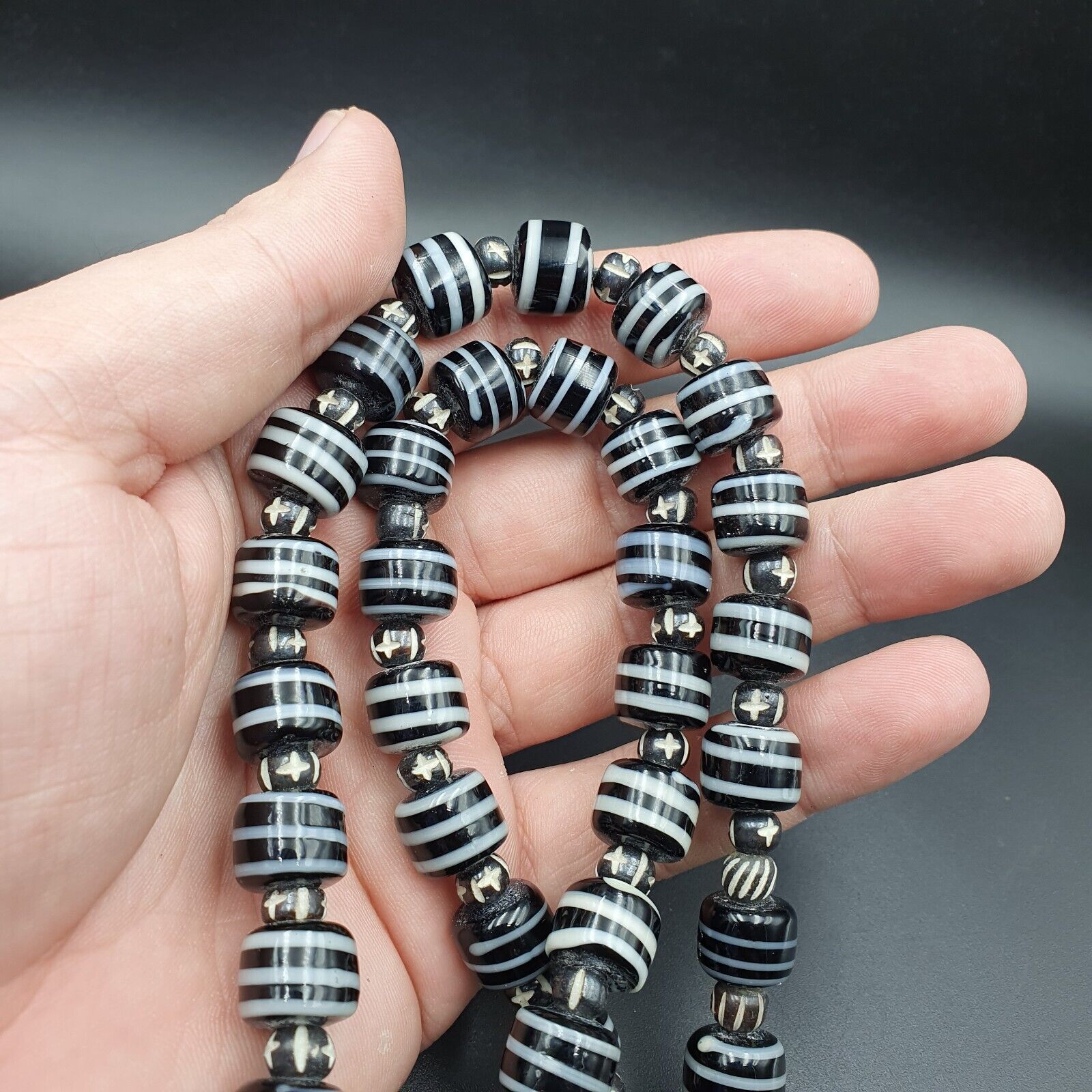 Vintage Black & White Stripes GLASS ANTIQUE style BEADS 11-12MM Necklace Strand