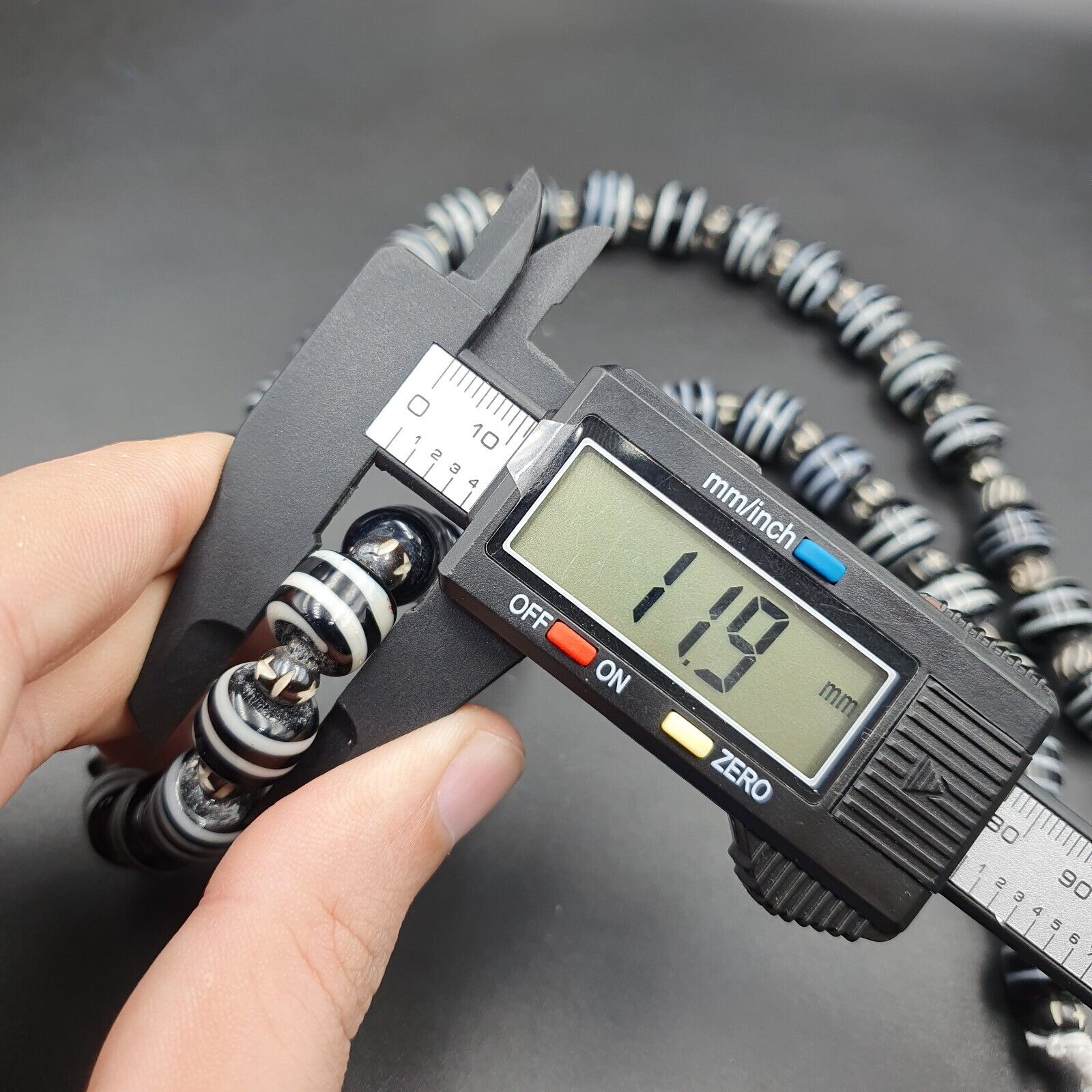 Vintage Black & White Stripes GLASS ANTIQUE style BEADS 11-12MM Necklace Strand