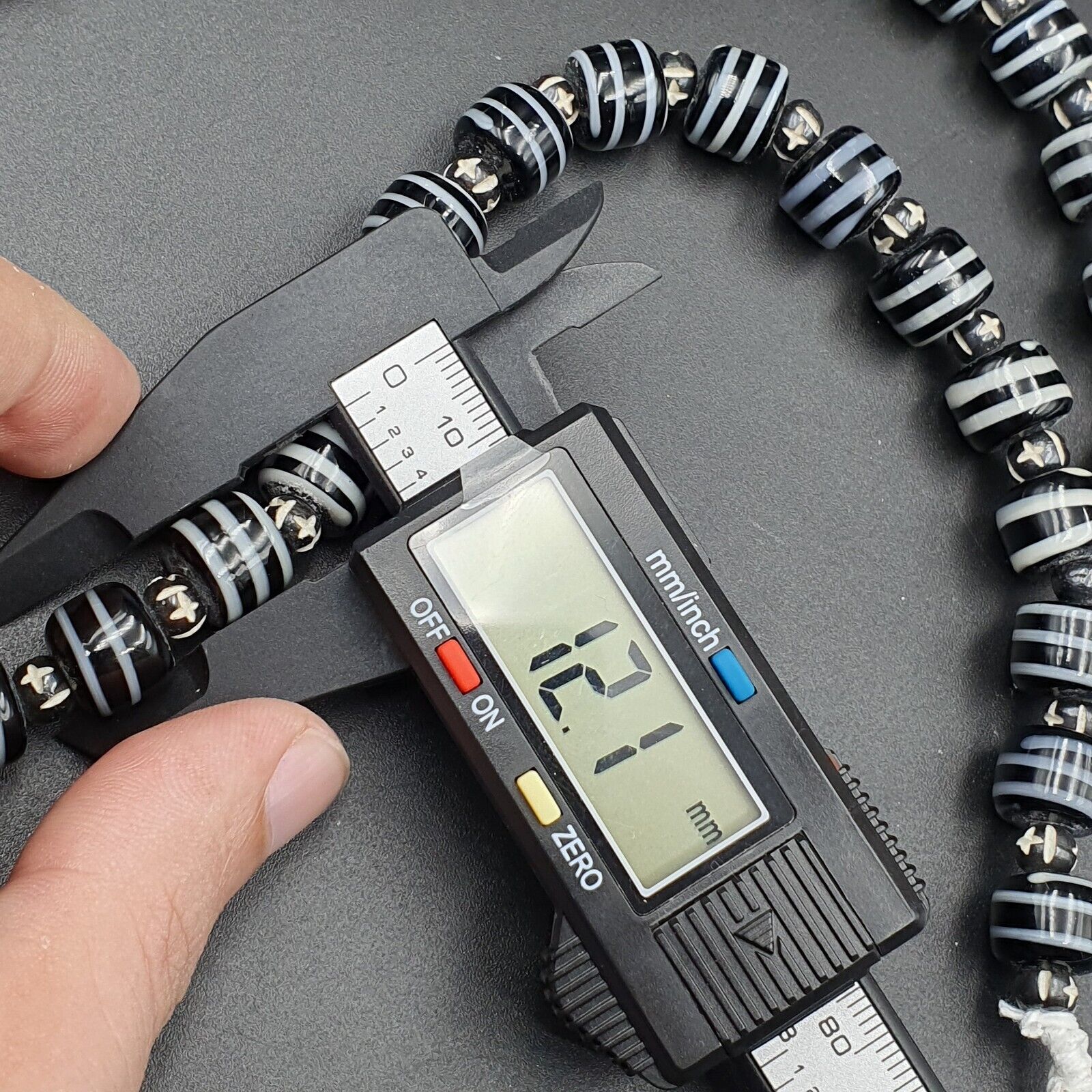 Vintage Black & White Stripes GLASS ANTIQUE style BEADS 11-12MM Necklace Strand