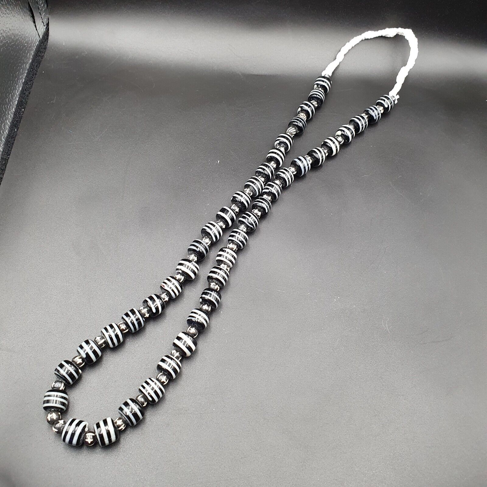 Vintage Black & White Stripes GLASS ANTIQUE style BEADS 11-12MM Necklace Strand