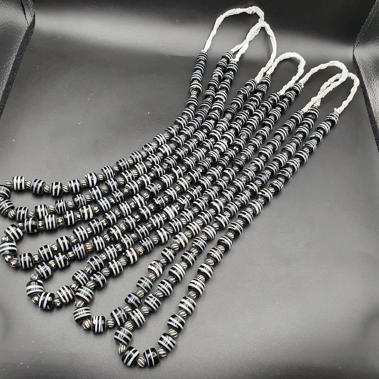 Vintage Black & White Stripes GLASS ANTIQUE style BEADS 11-12MM Necklace Strand