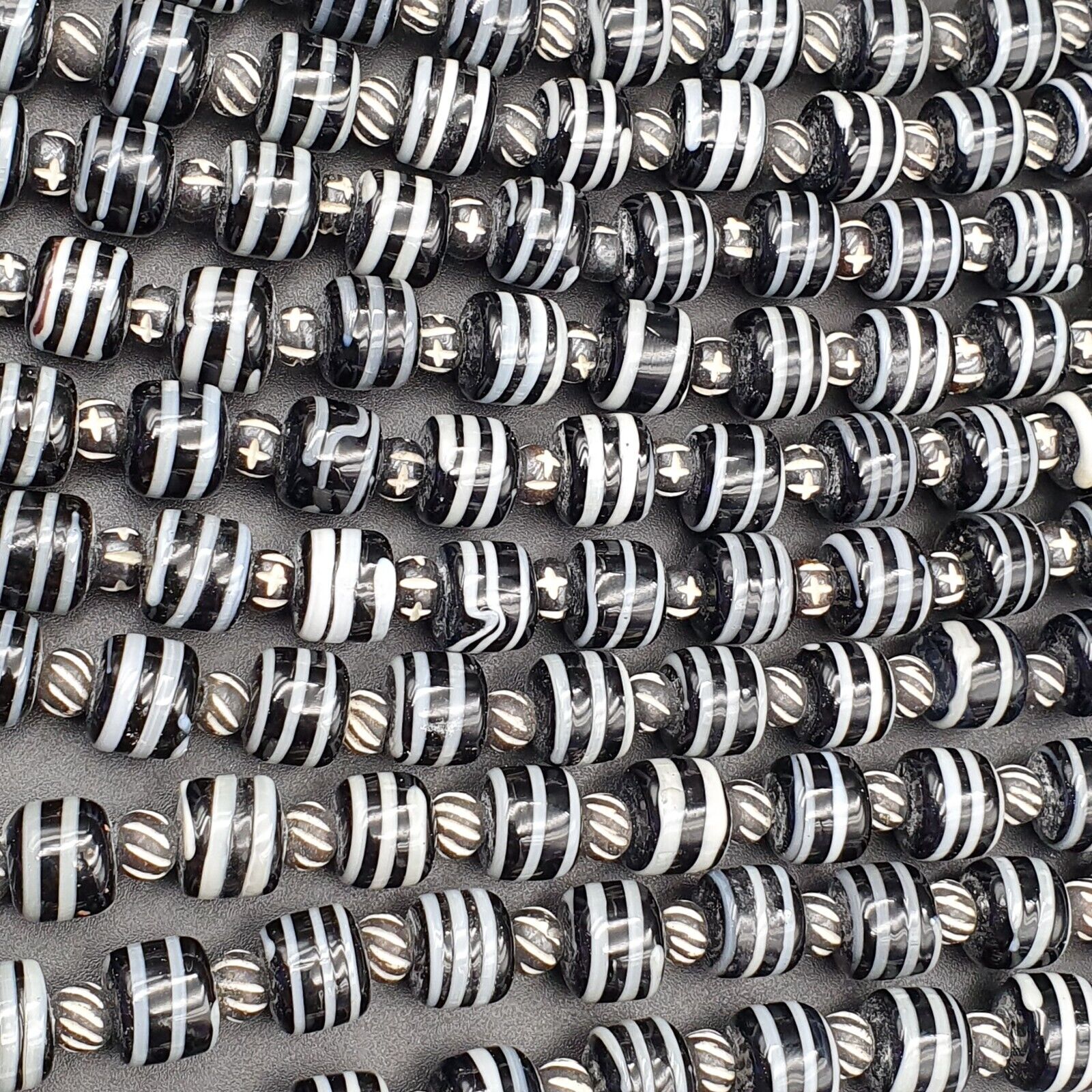 Vintage Black & White Stripes GLASS ANTIQUE style BEADS 11-12MM Necklace Strand