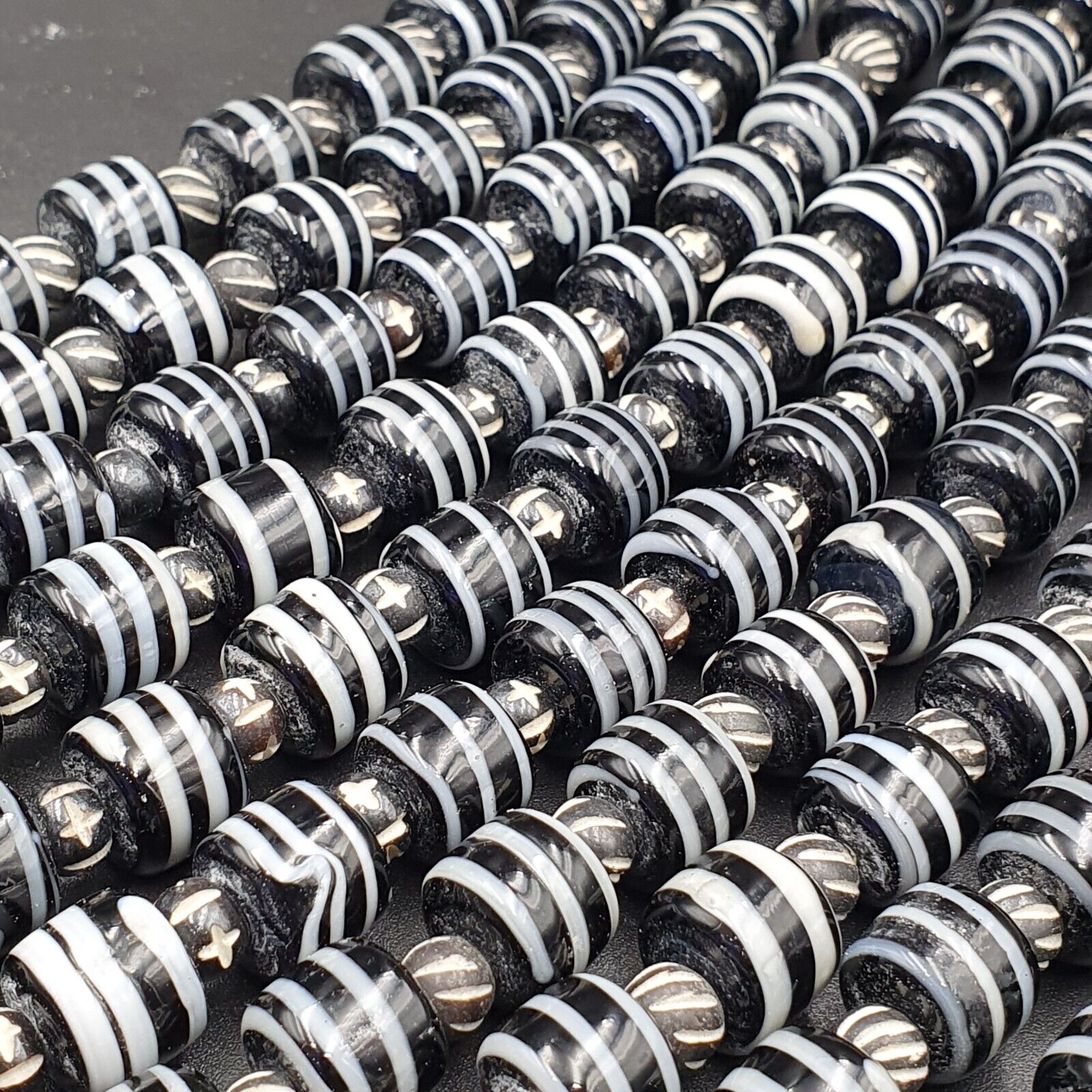 Vintage Black & White Stripes GLASS ANTIQUE style BEADS 11-12MM Necklace Strand