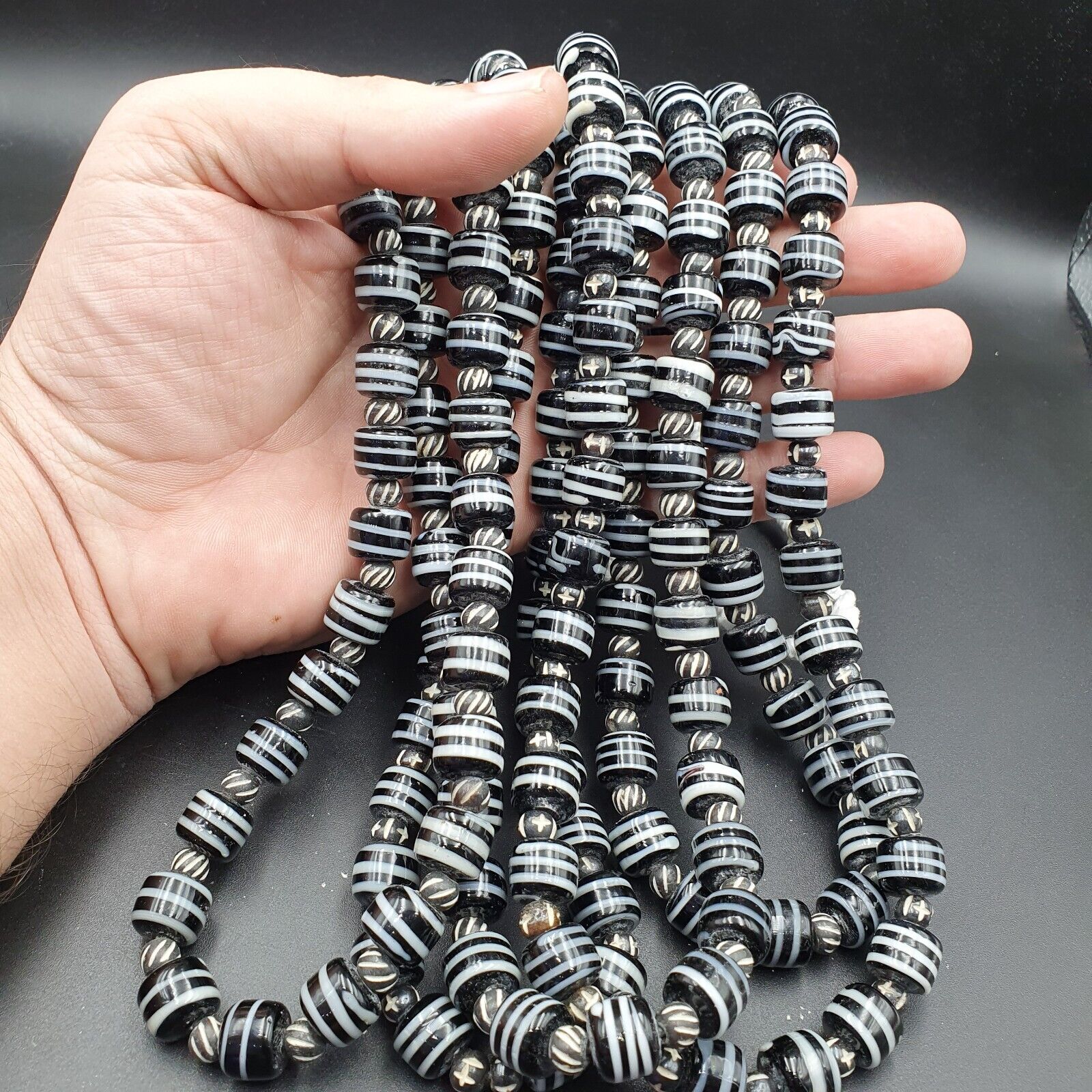 Vintage Black & White Stripes GLASS ANTIQUE style BEADS 11-12MM Necklace Strand