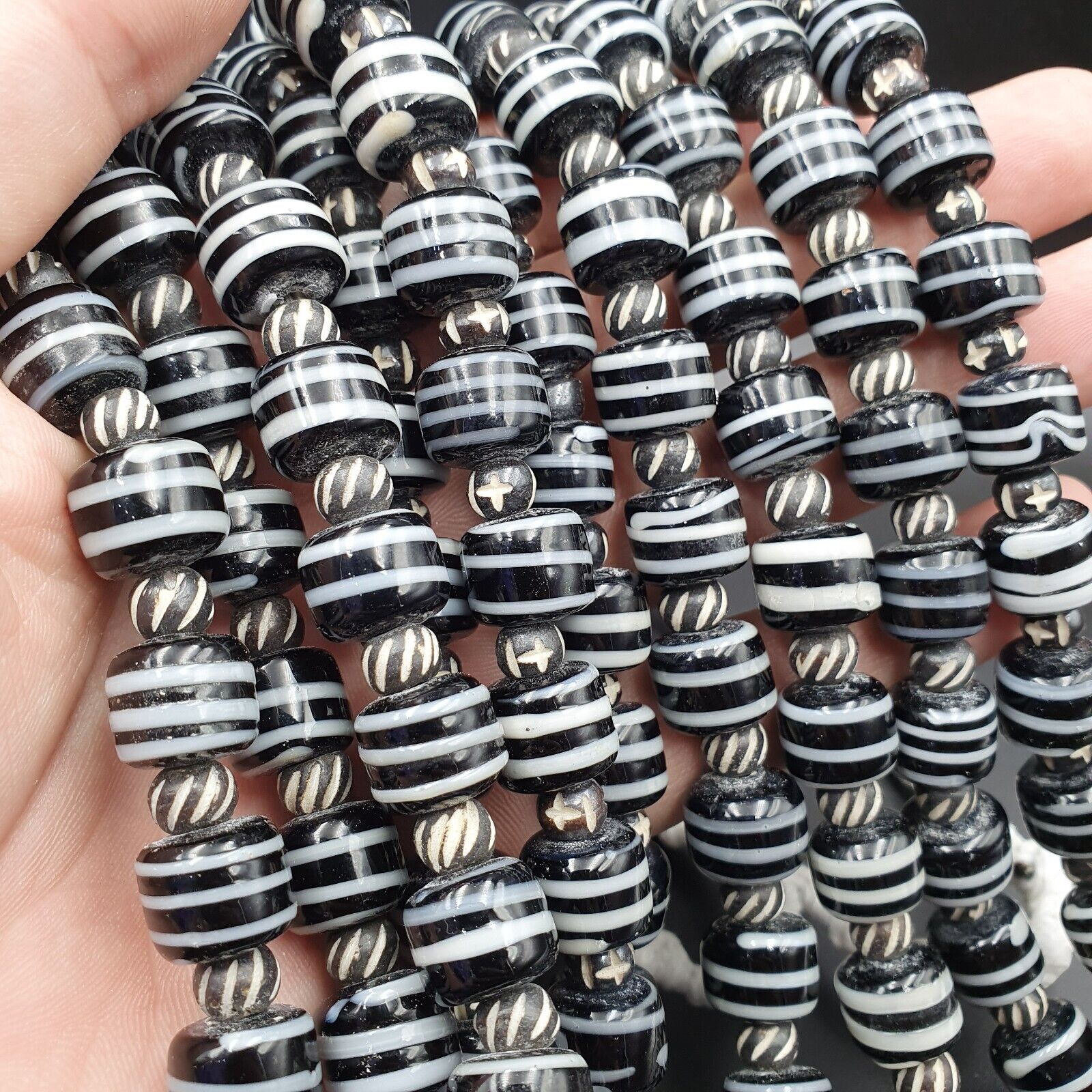Vintage Black & White Stripes GLASS ANTIQUE style BEADS 11-12MM Necklace Strand