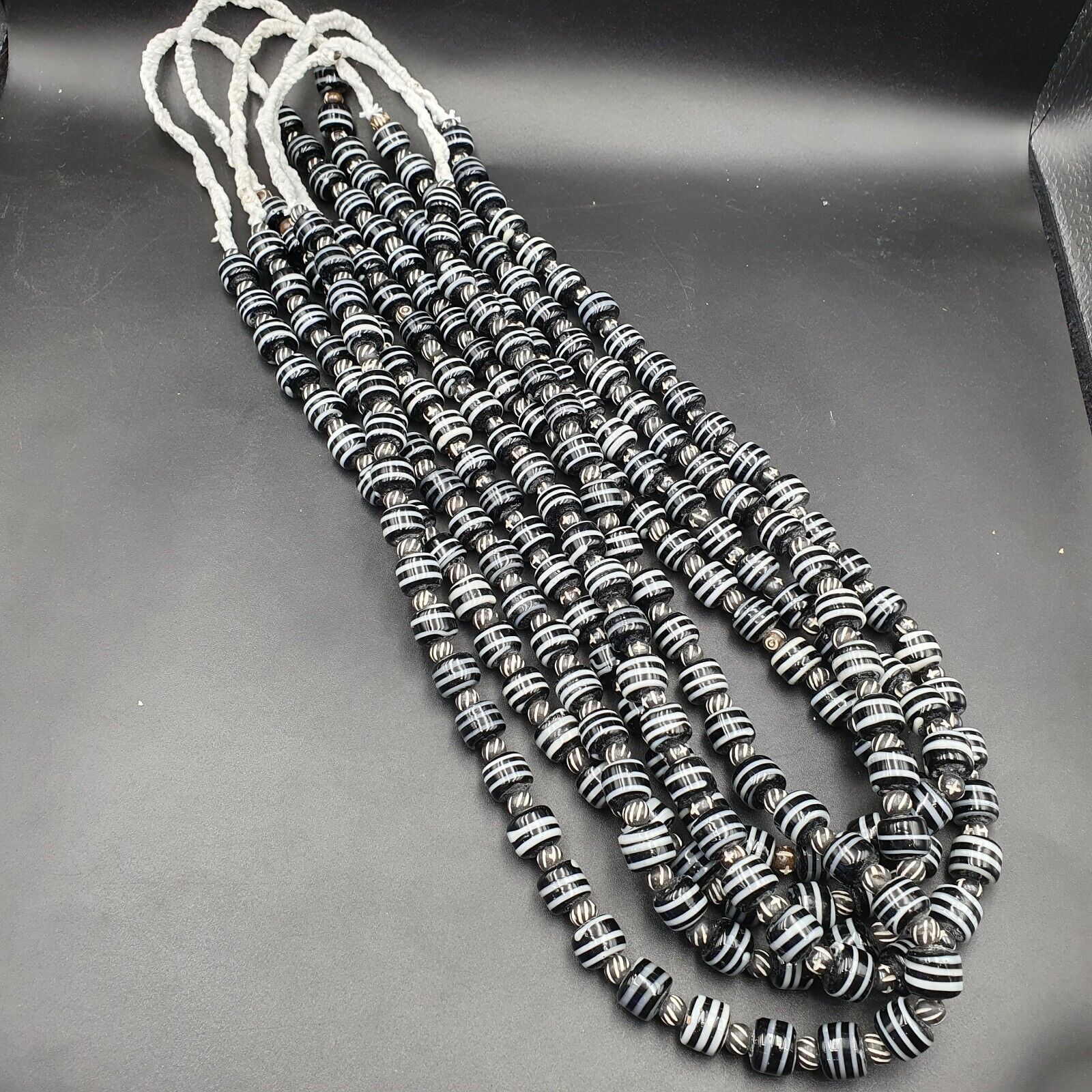 Vintage Black & White Stripes GLASS ANTIQUE style BEADS 11-12MM Necklace Strand