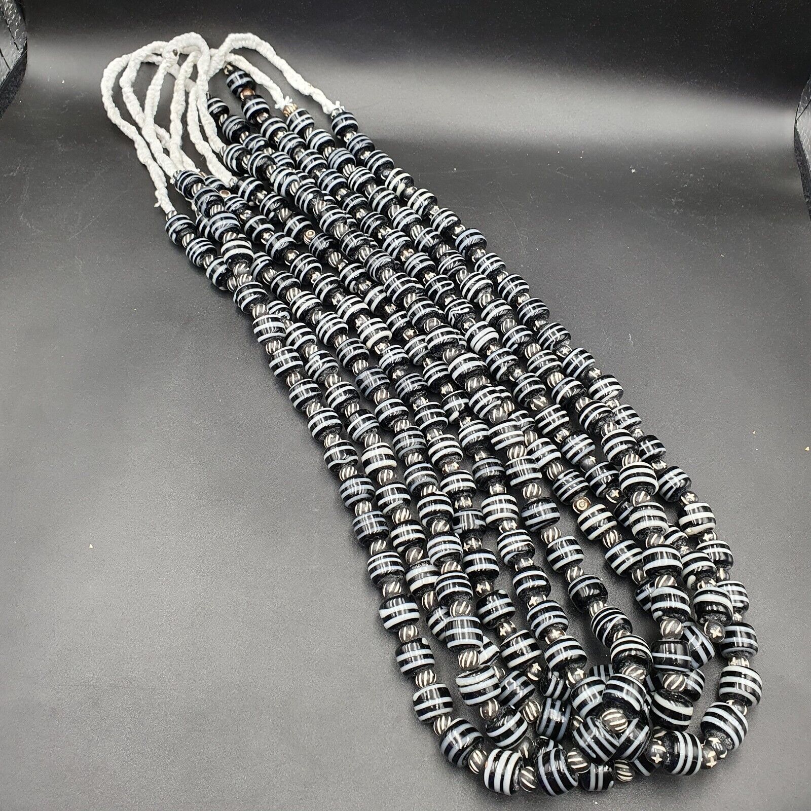 Vintage Black & White Stripes GLASS ANTIQUE style BEADS 11-12MM Necklace Strand