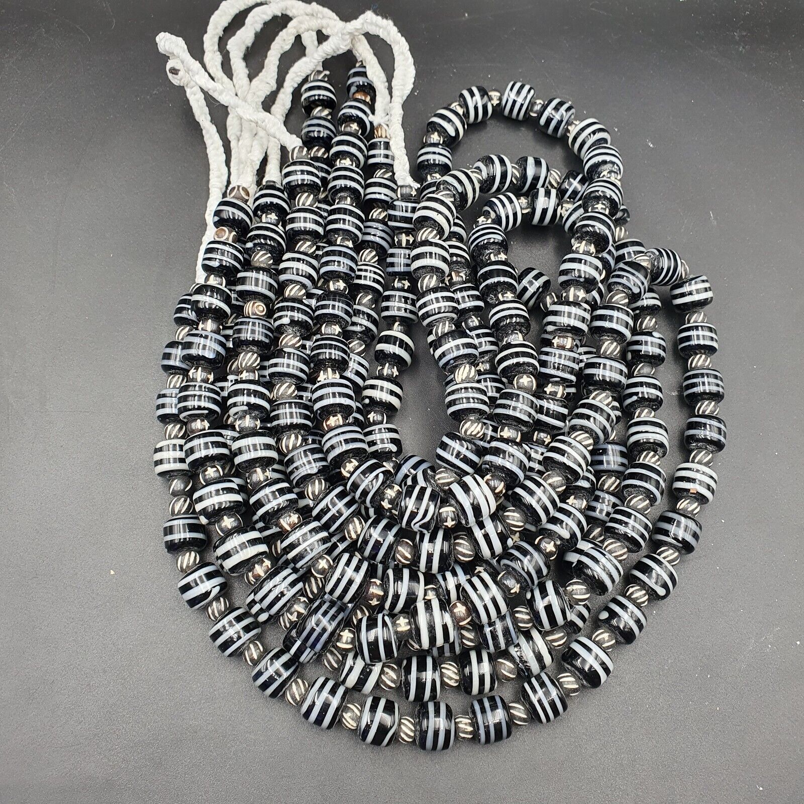 Vintage Black & White Stripes GLASS ANTIQUE style BEADS 11-12MM Necklace Strand