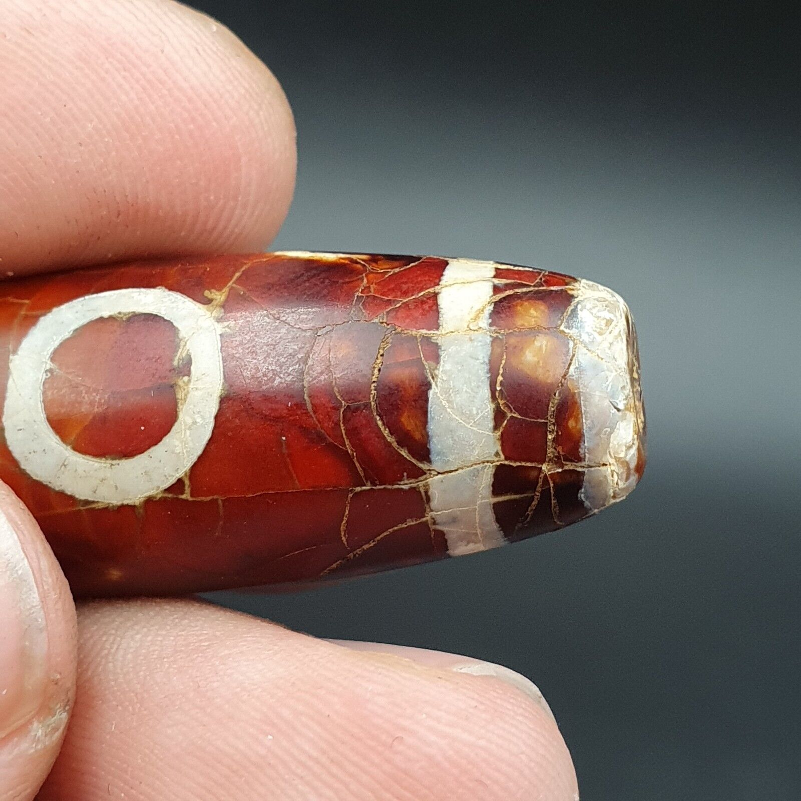 Beautiful INDO TIBETAN ETCHED LINE DECORATED TAPERED TUBE 2 EYE DZI