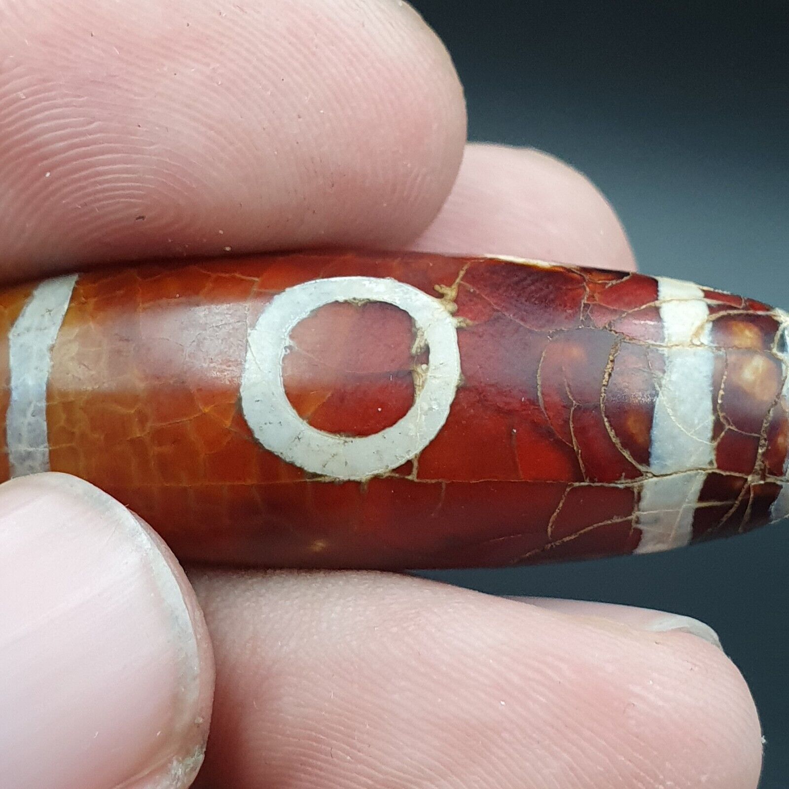 Beautiful INDO TIBETAN ETCHED LINE DECORATED TAPERED TUBE 2 EYE DZI