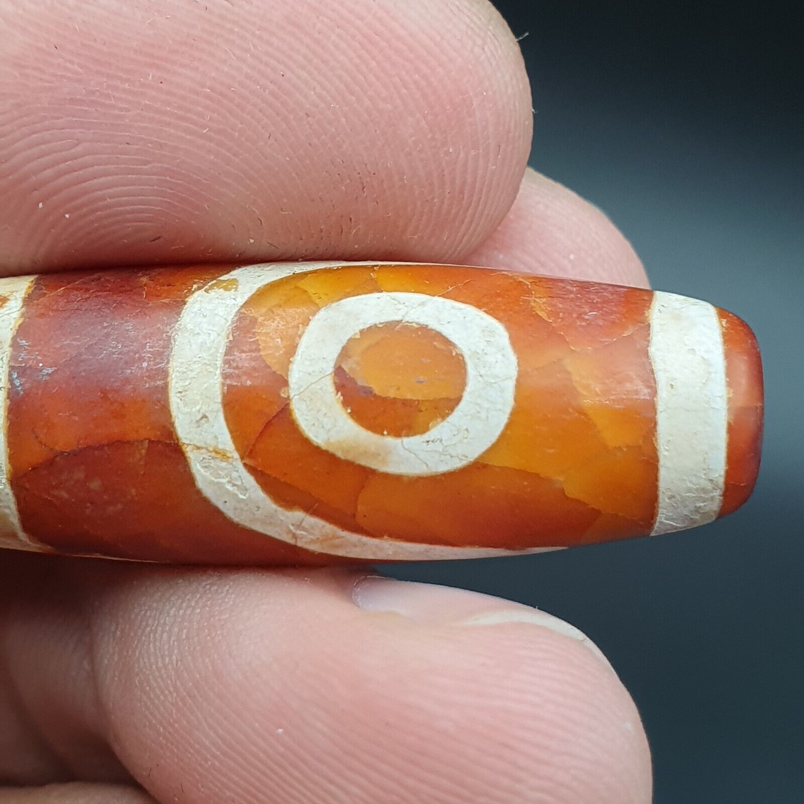 INDO TIBETAN ETCHED LINE DECORATED TAPERED TUBE 2 EYE DZI