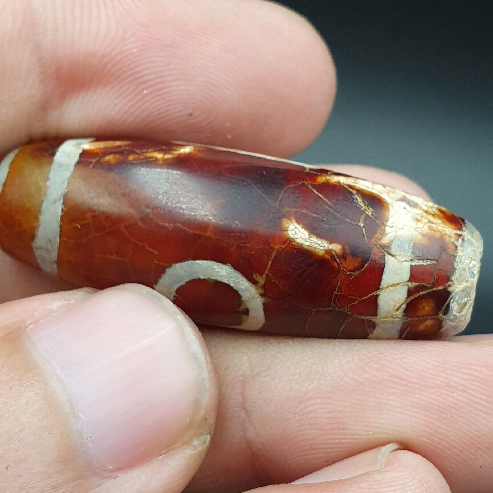 Beautiful INDO TIBETAN ETCHED LINE DECORATED TAPERED TUBE 2 EYE DZI