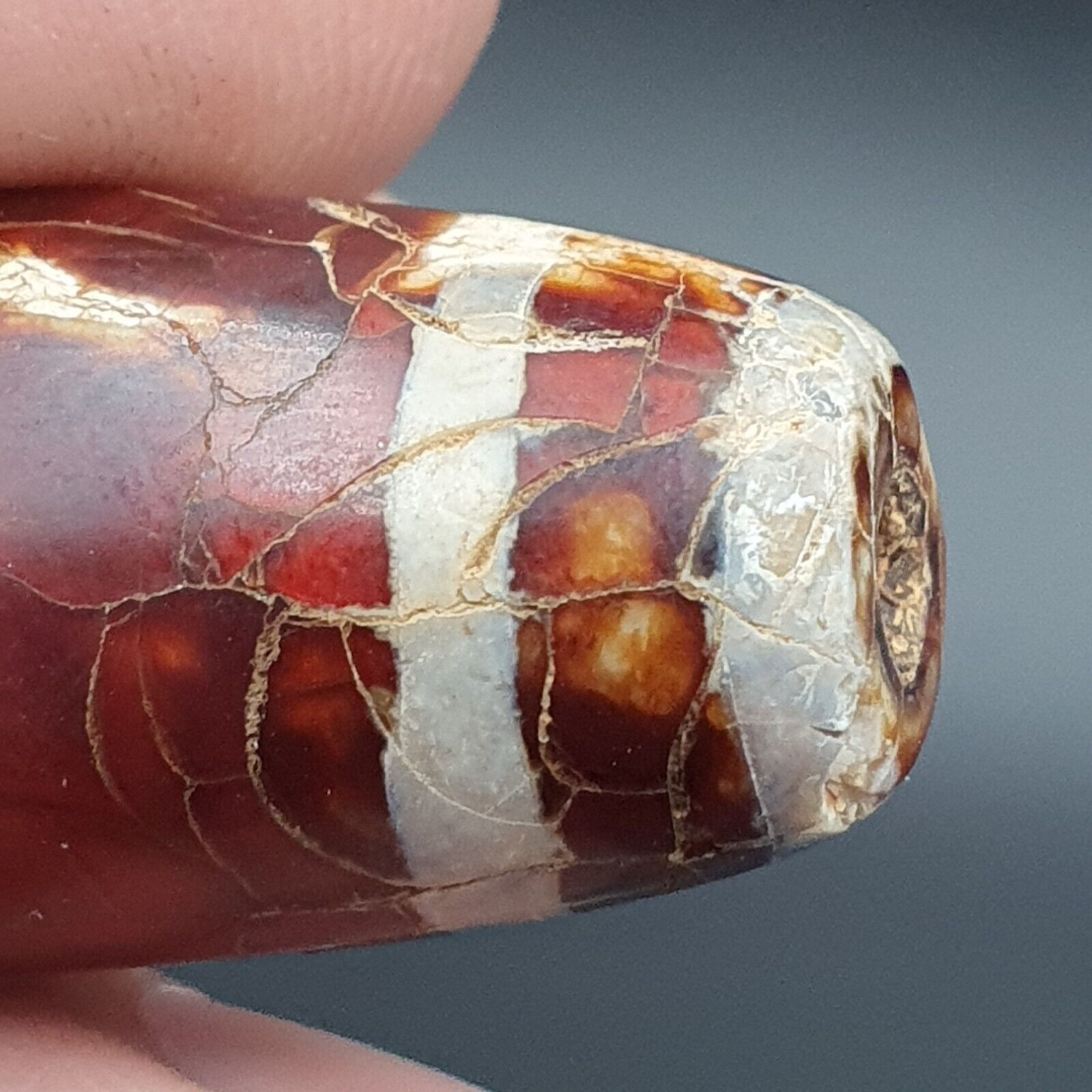 Beautiful INDO TIBETAN ETCHED LINE DECORATED TAPERED TUBE 2 EYE DZI