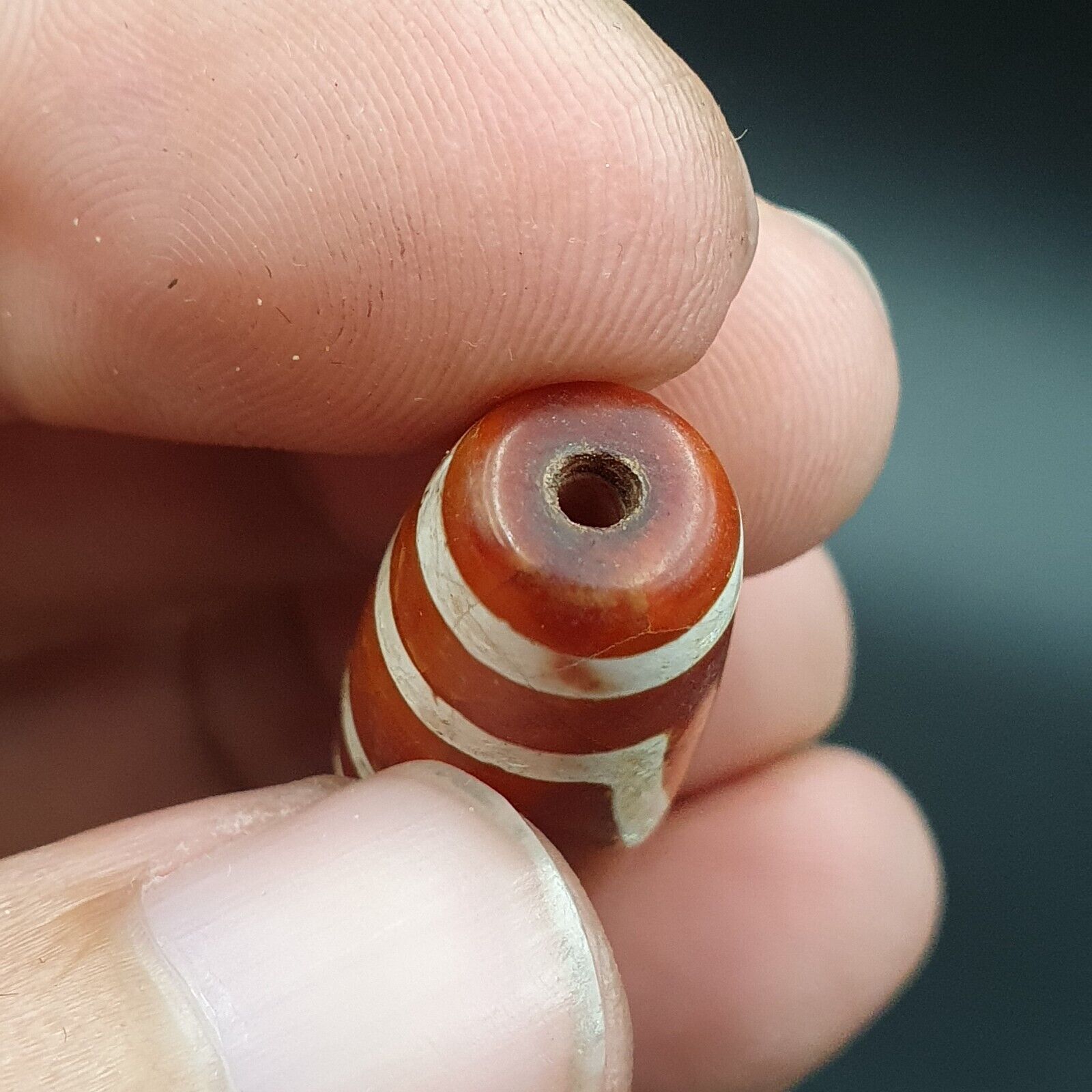 INDO TIBETAN ETCHED LINE DECORATED TAPERED TUBE 2 EYE DZI