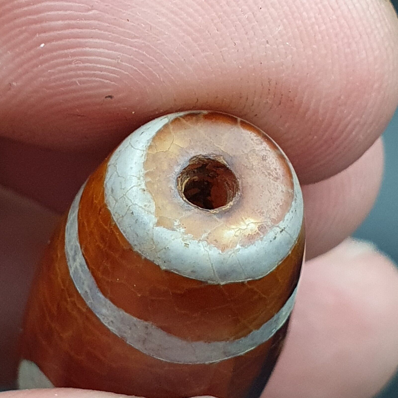 Beautiful INDO TIBETAN ETCHED LINE DECORATED TAPERED TUBE 2 EYE DZI