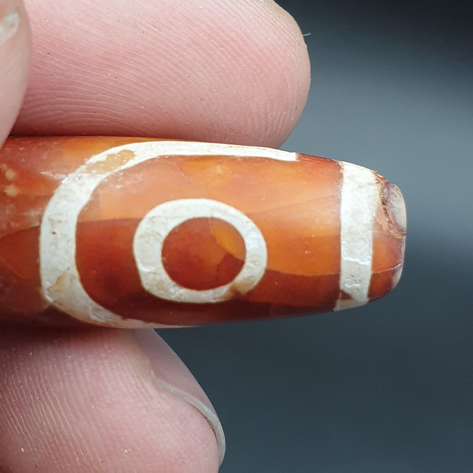 INDO TIBETAN ETCHED LINE DECORATED TAPERED TUBE 2 EYE DZI