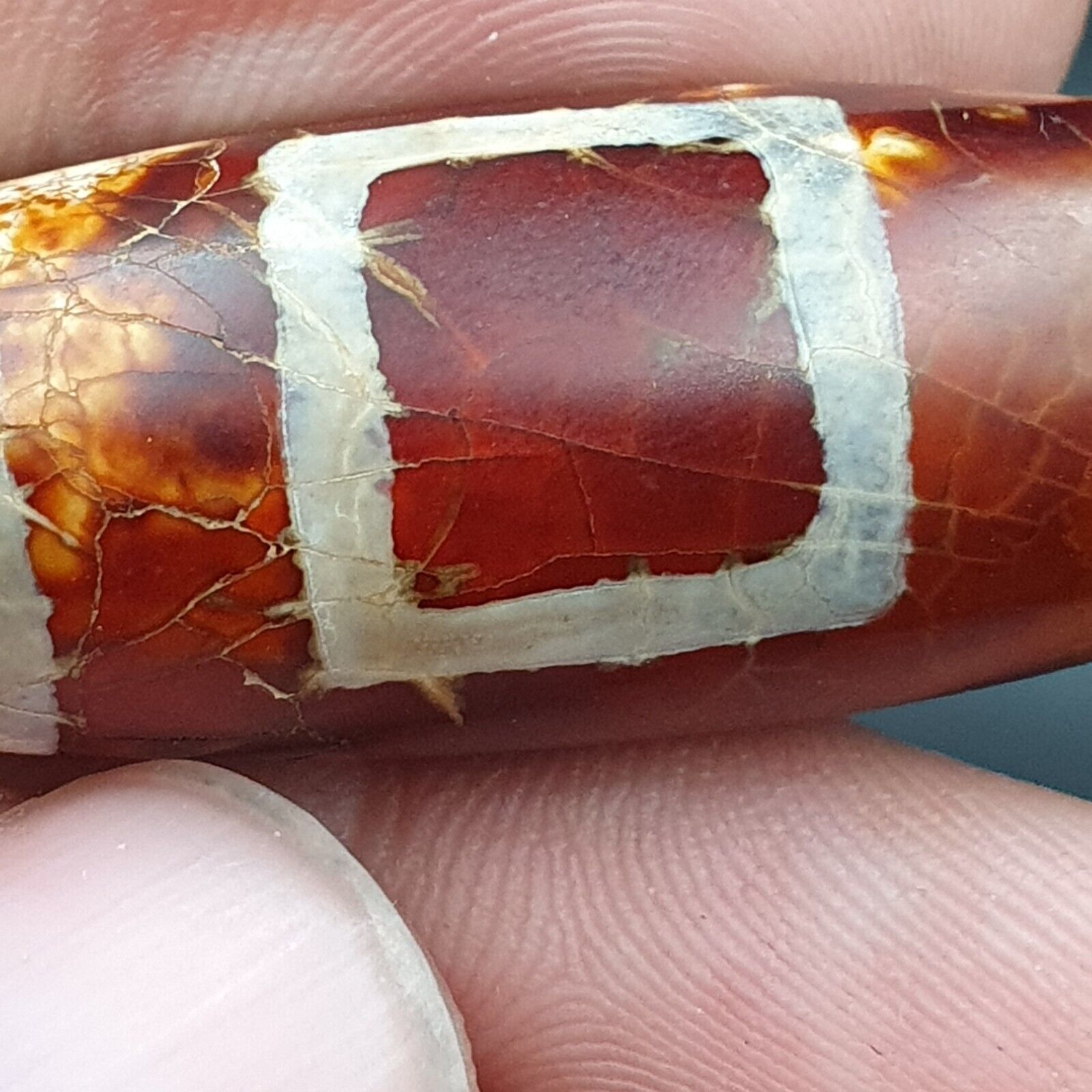 Beautiful INDO TIBETAN ETCHED LINE DECORATED TAPERED TUBE 2 EYE DZI