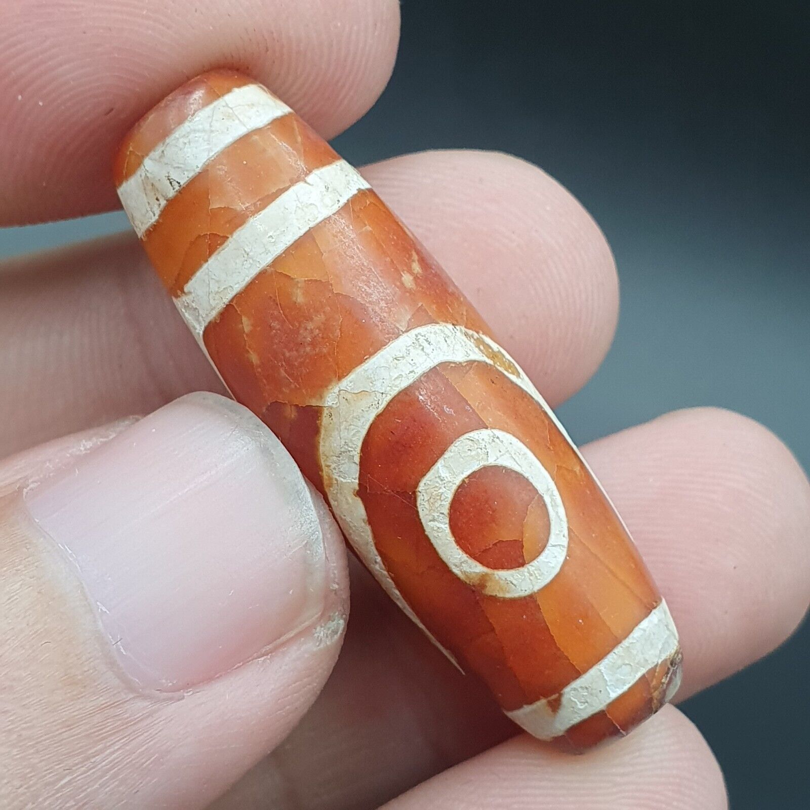 INDO TIBETAN ETCHED LINE DECORATED TAPERED TUBE 2 EYE DZI