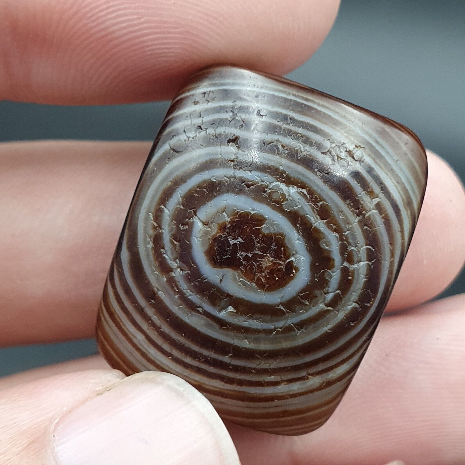 Antique Himalayan Tibetan Fingerprint Pattern Eye Agate Amulet Bead #125