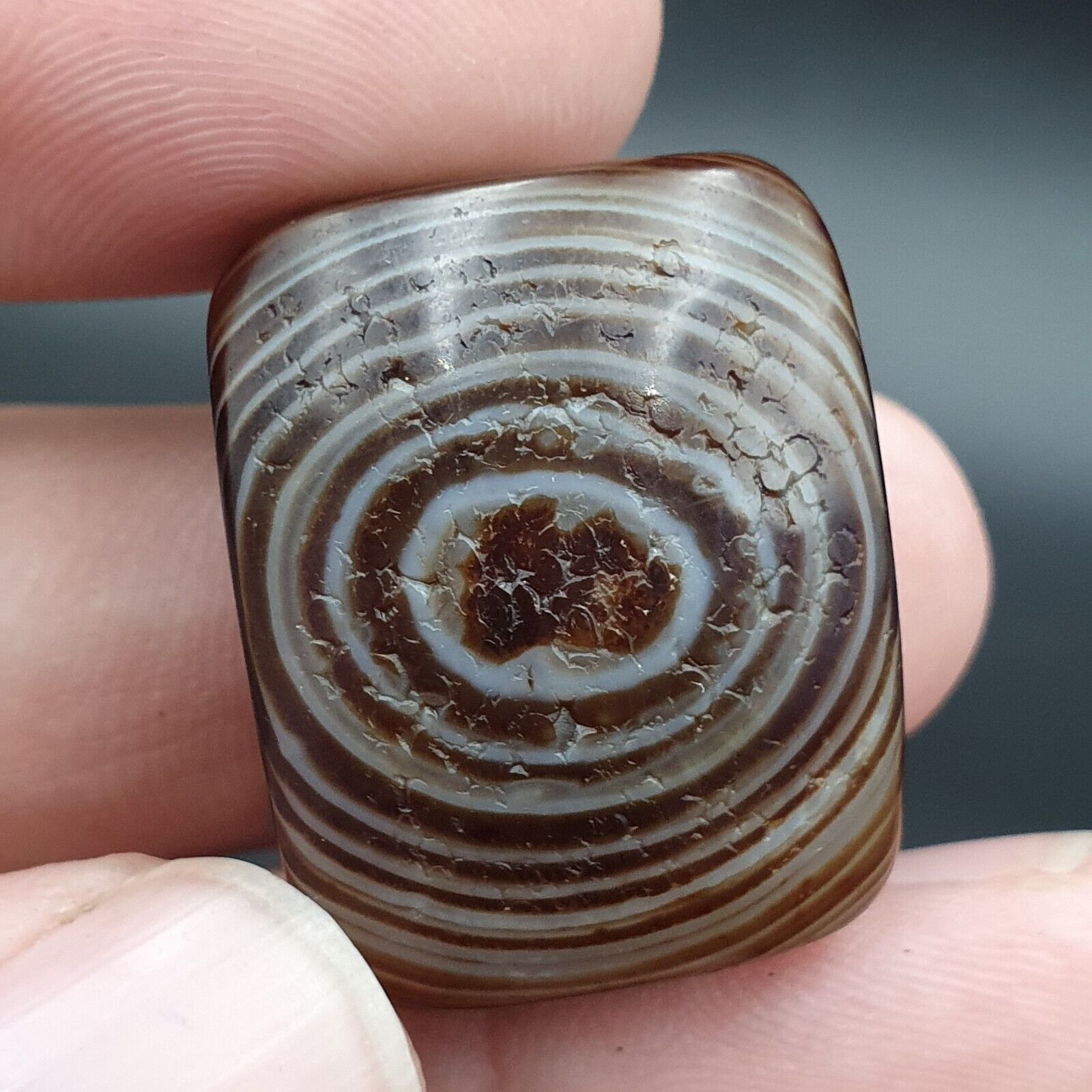 Antique Himalayan Tibetan Fingerprint Pattern Eye Agate Amulet Bead #125
