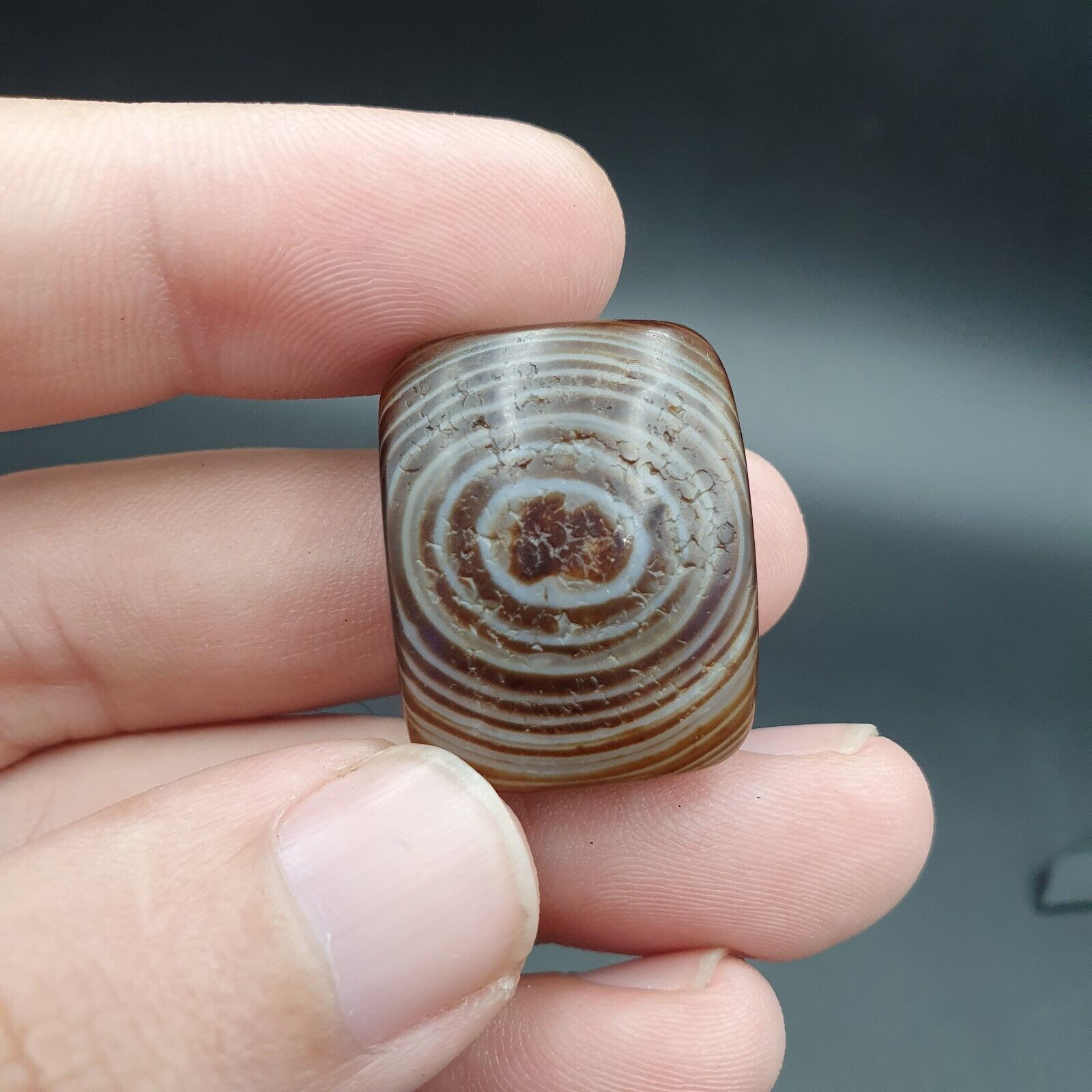 Antique Himalayan Tibetan Fingerprint Pattern Eye Agate Amulet Bead #125