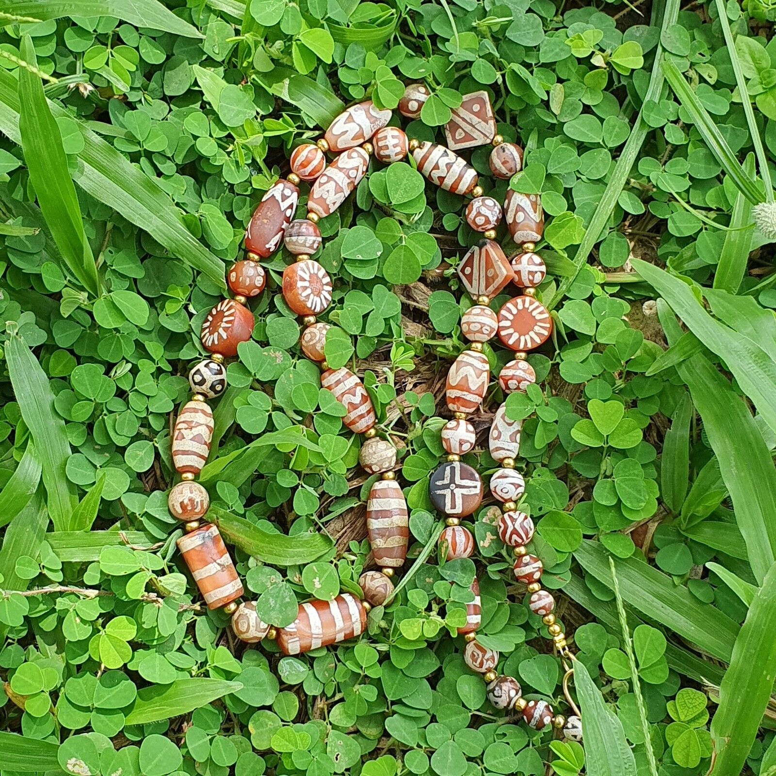 Antique HIMALAYAN Indo Tibetan Central Asian Etched Agate beads Necklace 14ED-A-