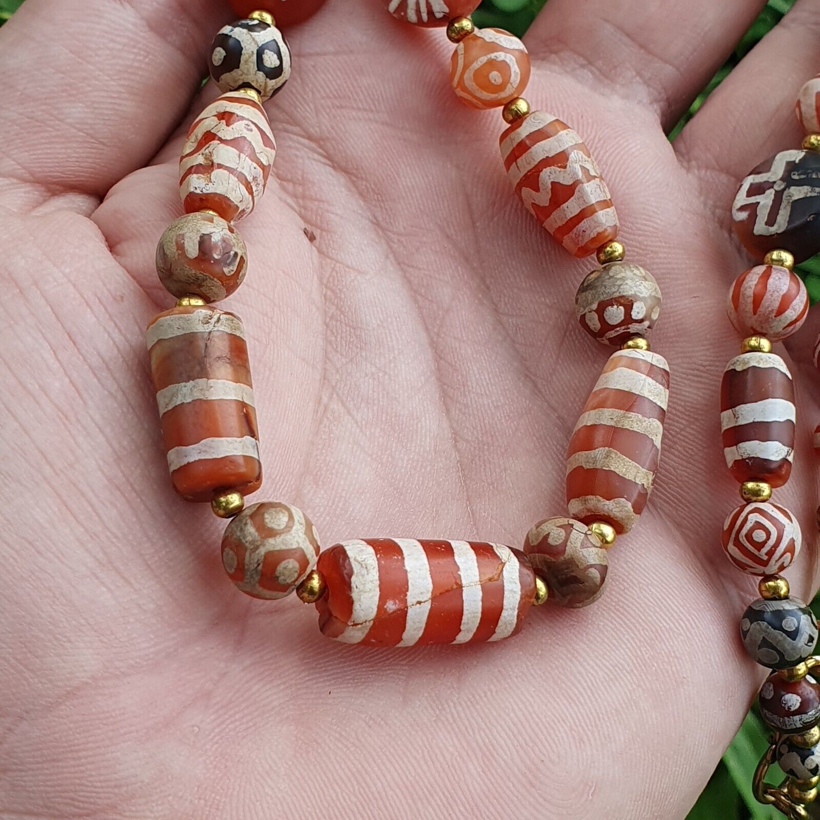 Antique HIMALAYAN Indo Tibetan Central Asian Etched Agate beads Necklace 14ED-A-
